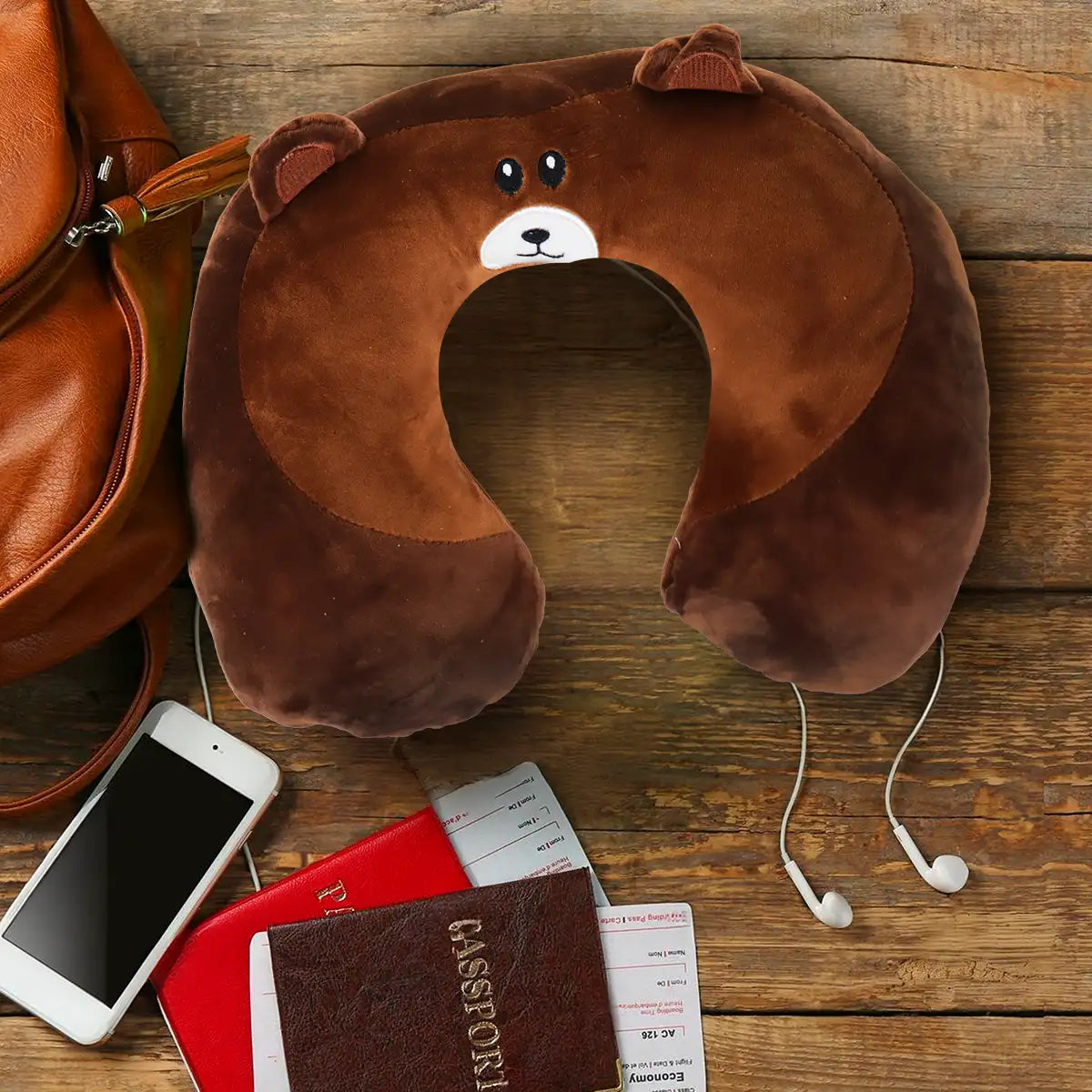 Almohada de Viaje Ergonómica, Oso, Color Café