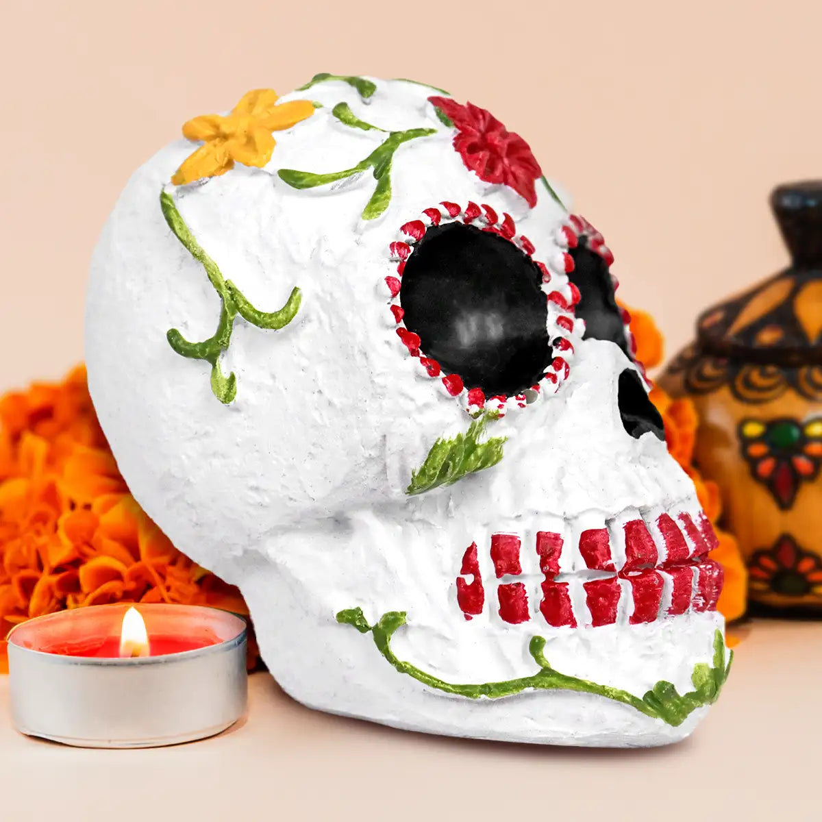 Cráneo, Figura de Cerámica, Flores, Colores