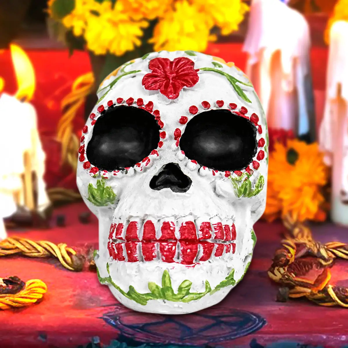 Cráneo, Figura de Cerámica, Flores, Colores