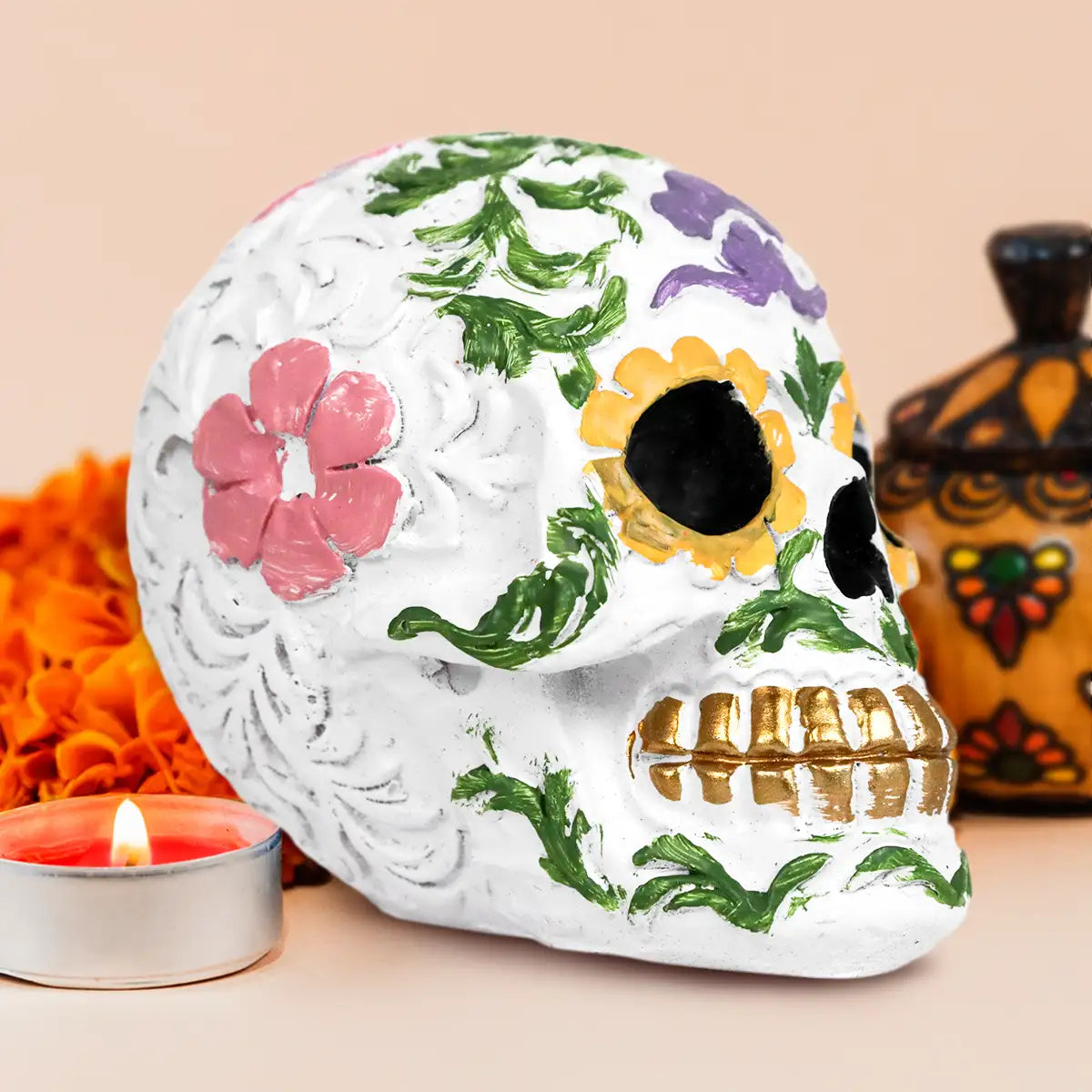 Cráneo, Figura de Cerámica, Flores