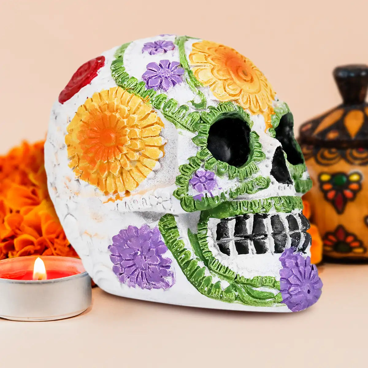 Cráneo, Figura de Cerámica, Flores, Color Amarillo