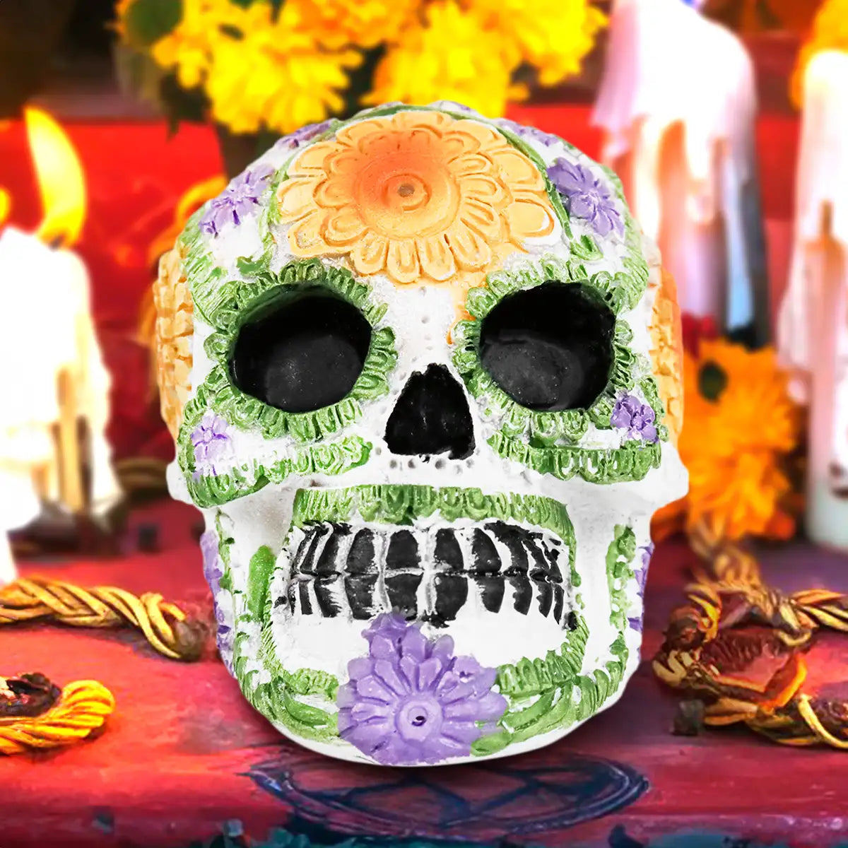 Cráneo, Figura de Cerámica, Flores, Color Amarillo