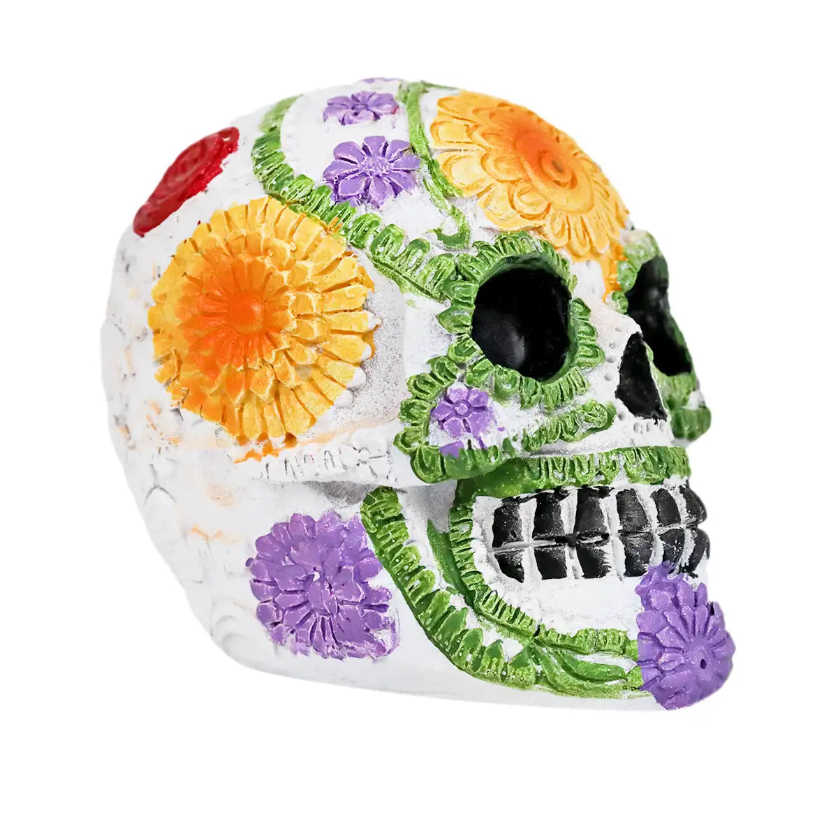 Cráneo, Figura de Cerámica, Flores, Color Amarillo