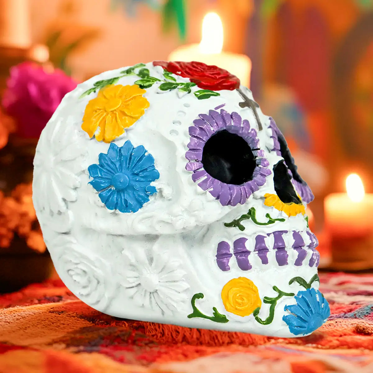 Cráneo, Figura de Cerámica, Flores, Color Rojo