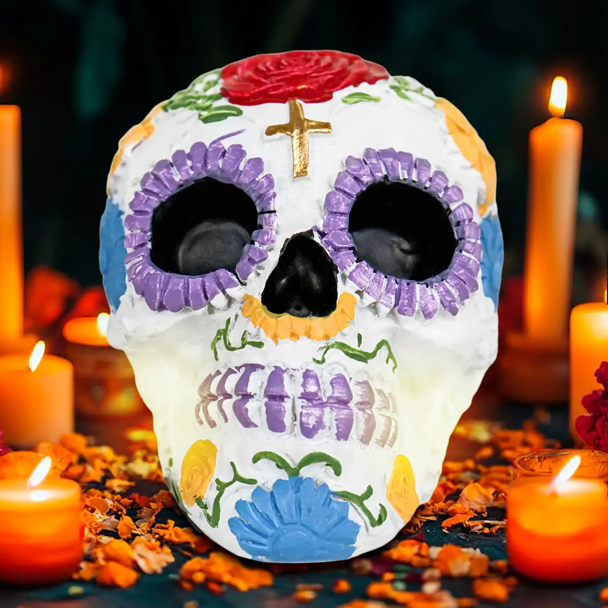 Cráneo, Figura de Cerámica, Flores, Color Rojo