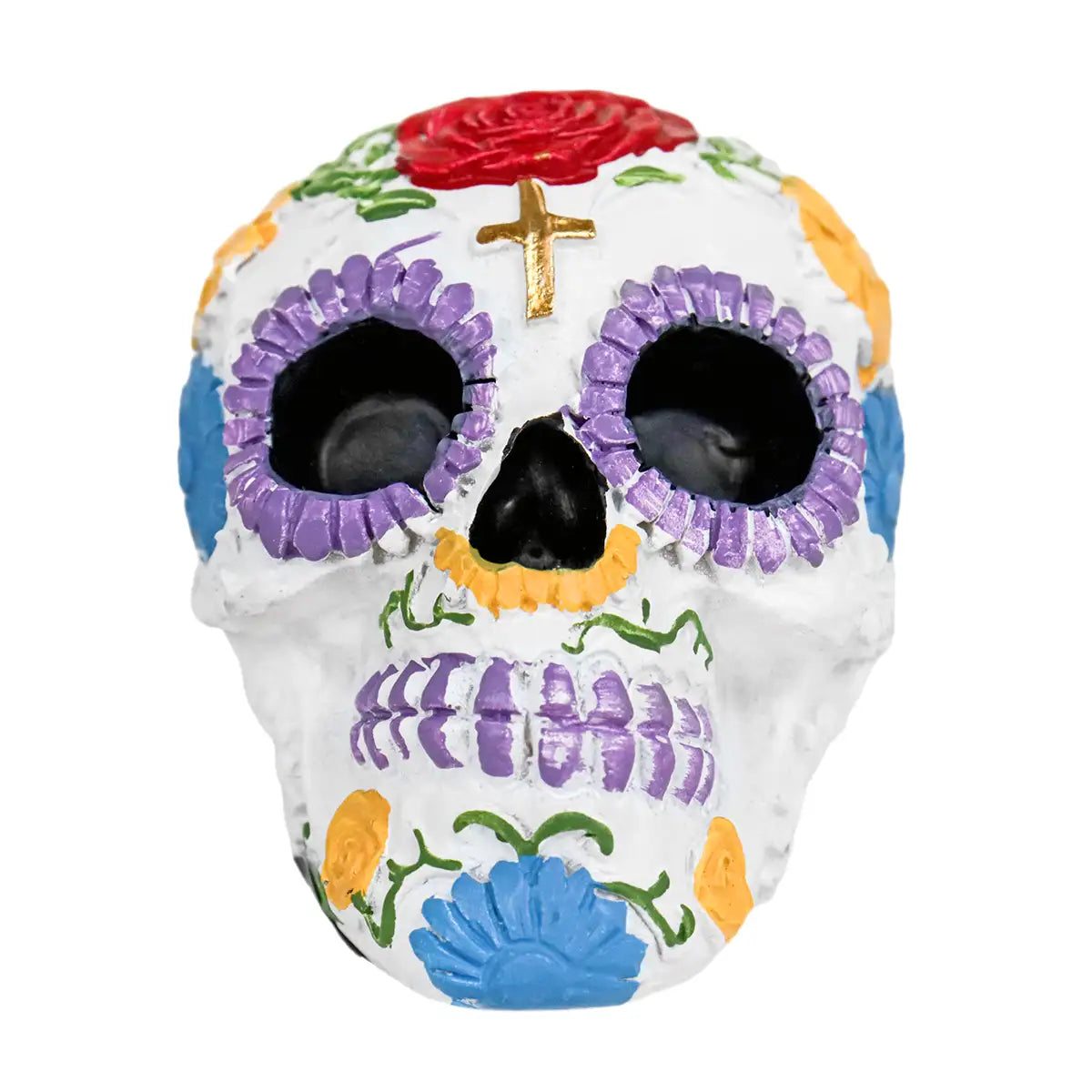 Cráneo, Figura de Cerámica, Flores, Color Rojo