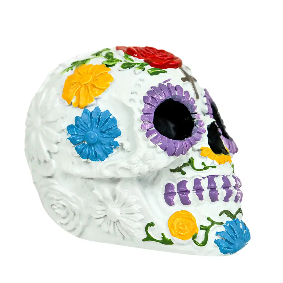 Cráneo, Figura de Cerámica, Flores, Color Rojo