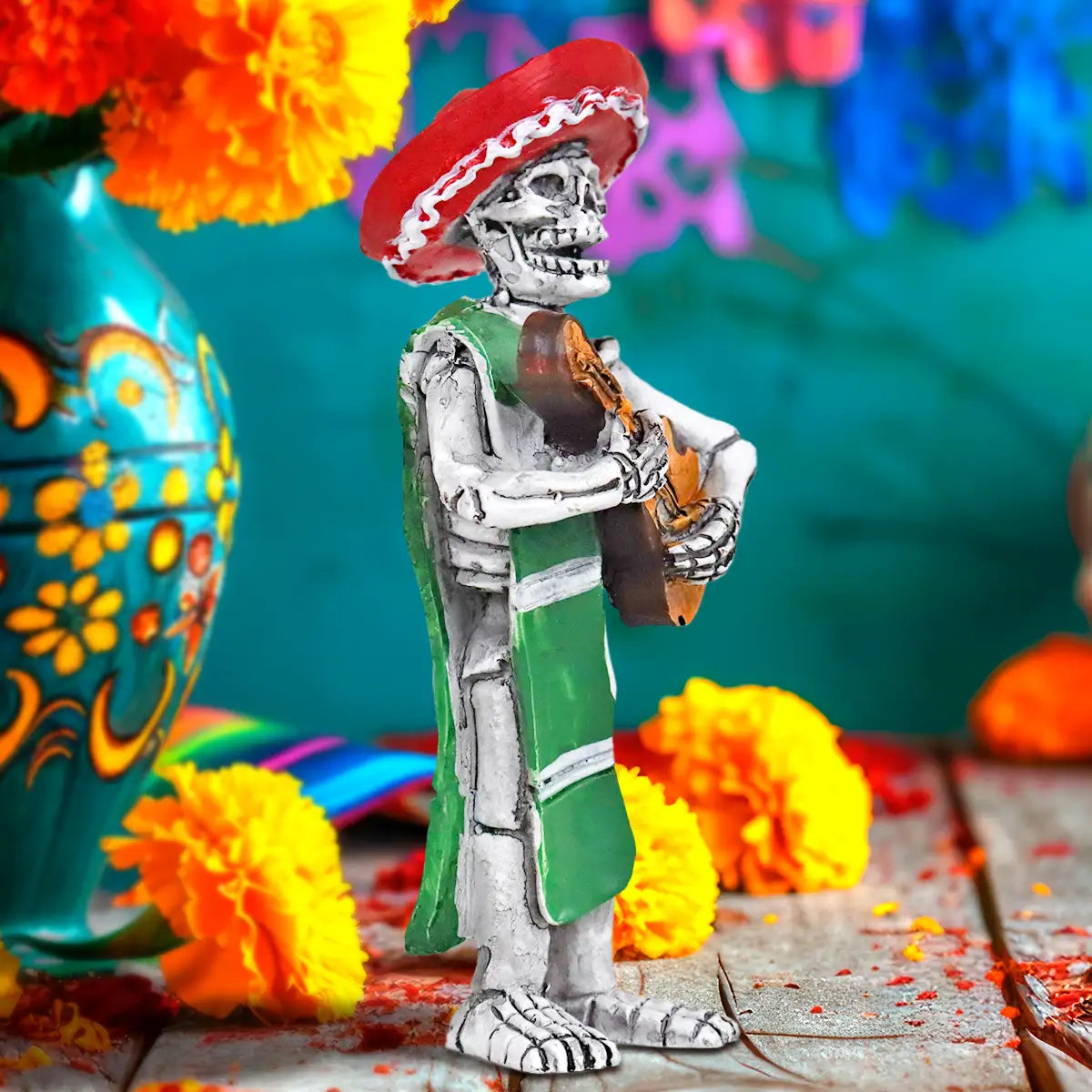 Esqueleto de Guitarrista, Figura de Cerámica, Color Rojo