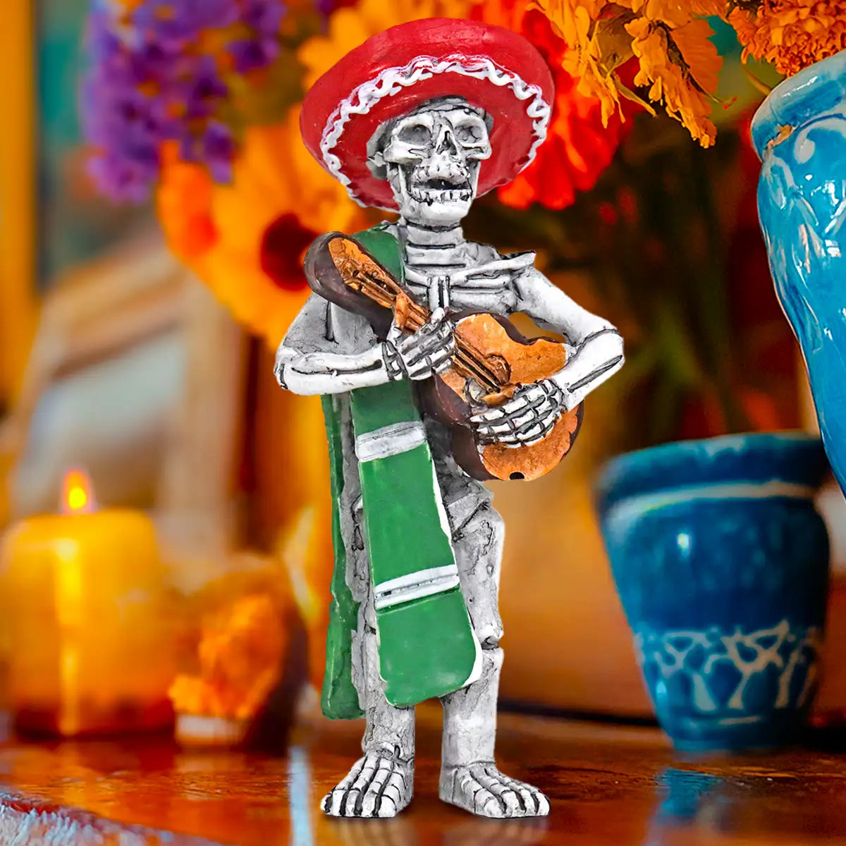 Esqueleto de Guitarrista, Figura de Cerámica, Color Rojo