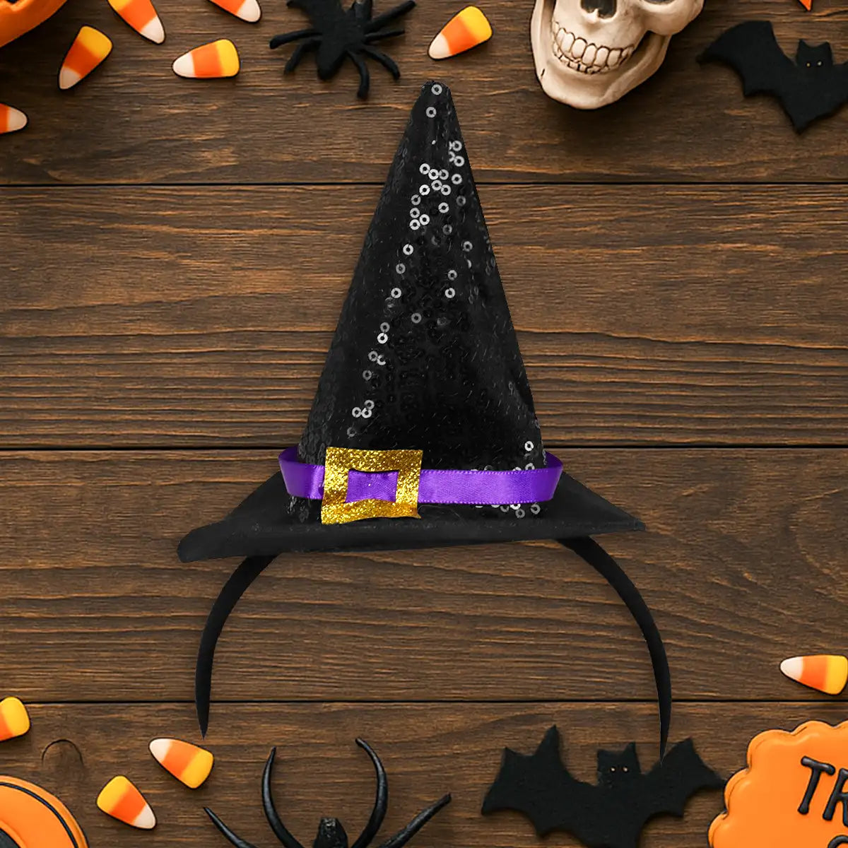 Diadema, Sombrero de Bruja, Color Negro y Naranja