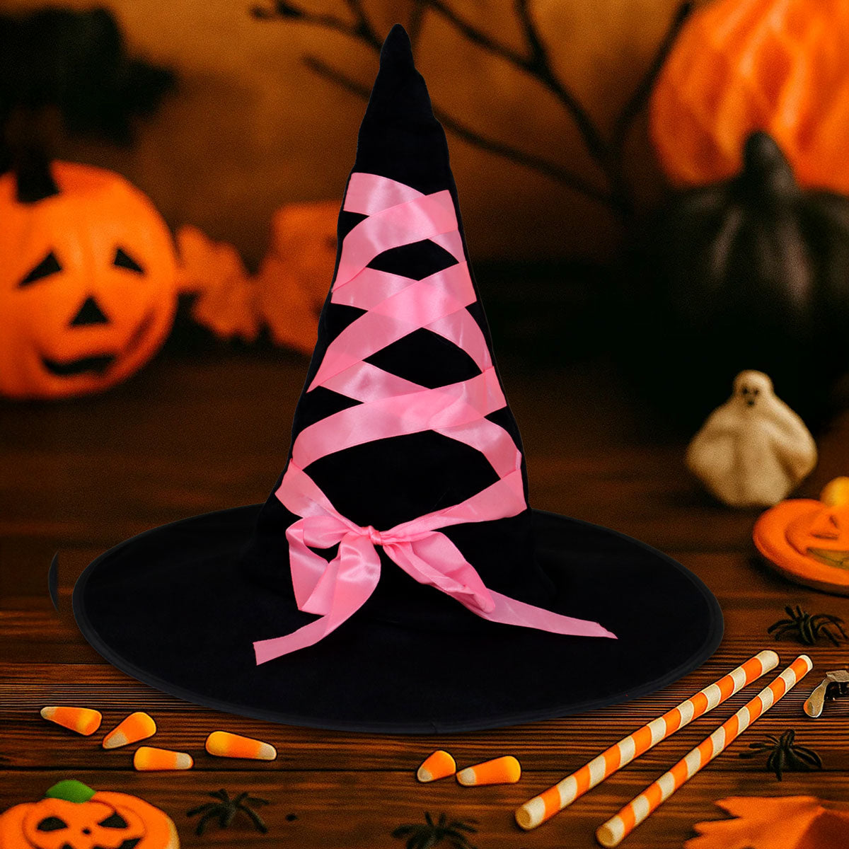 Sombrero de Bruja Negro Decorado con Listón Rosa