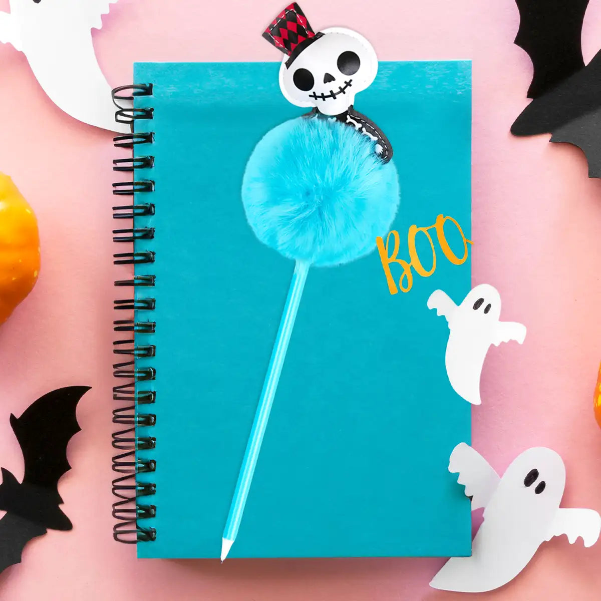 Pluma de Gel con Pompón y Calavera, Color Azul