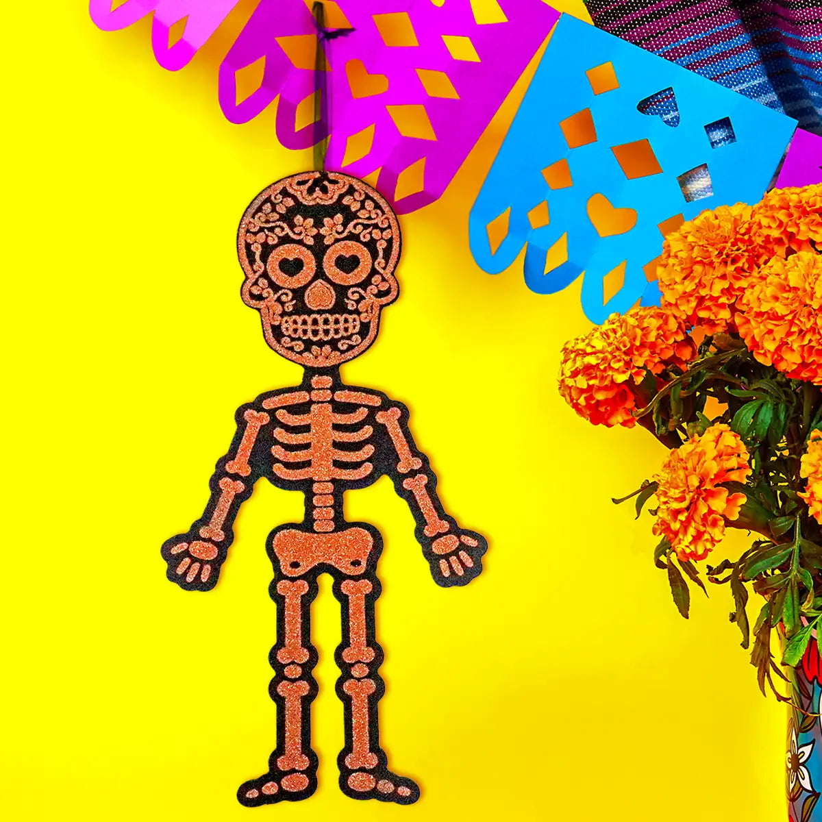 Esqueleto, Decoración Colgante con Glitter, Color Naranja