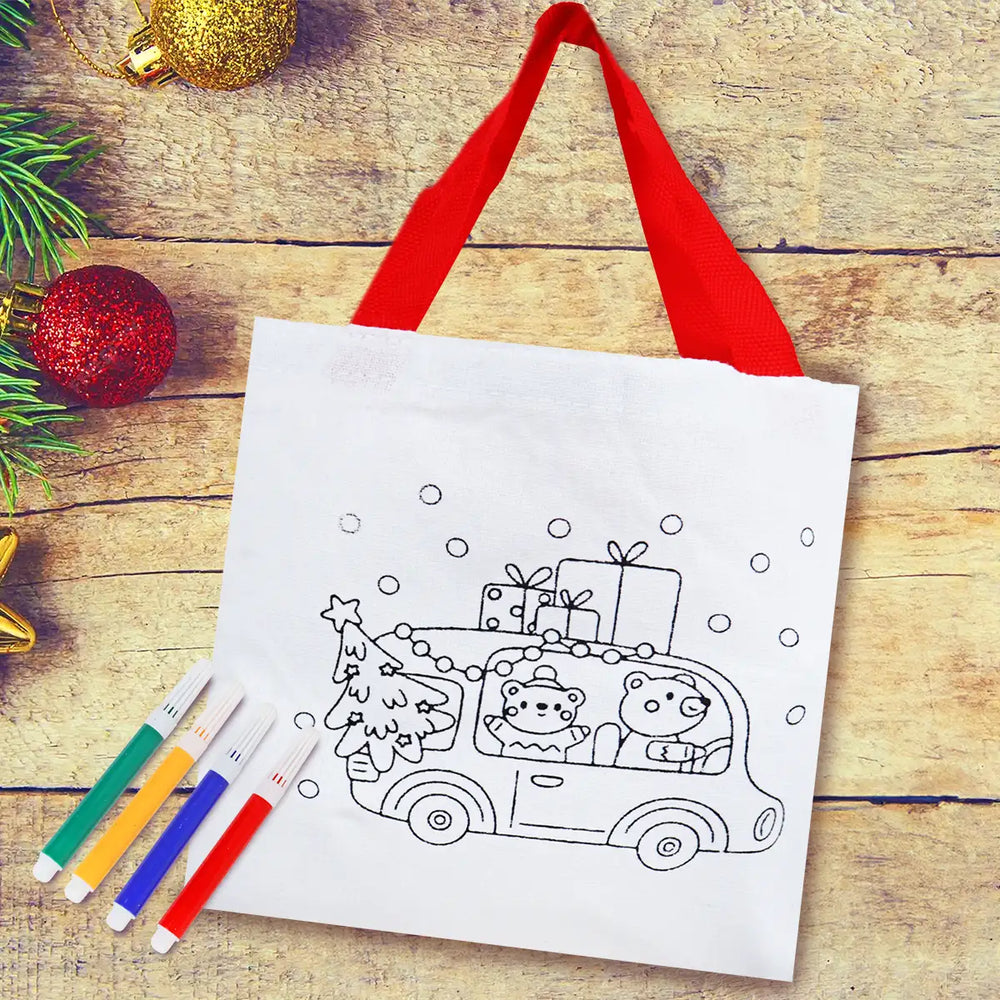 Bolsa de Tela Navideña con Plumones para Pintar, Ositos