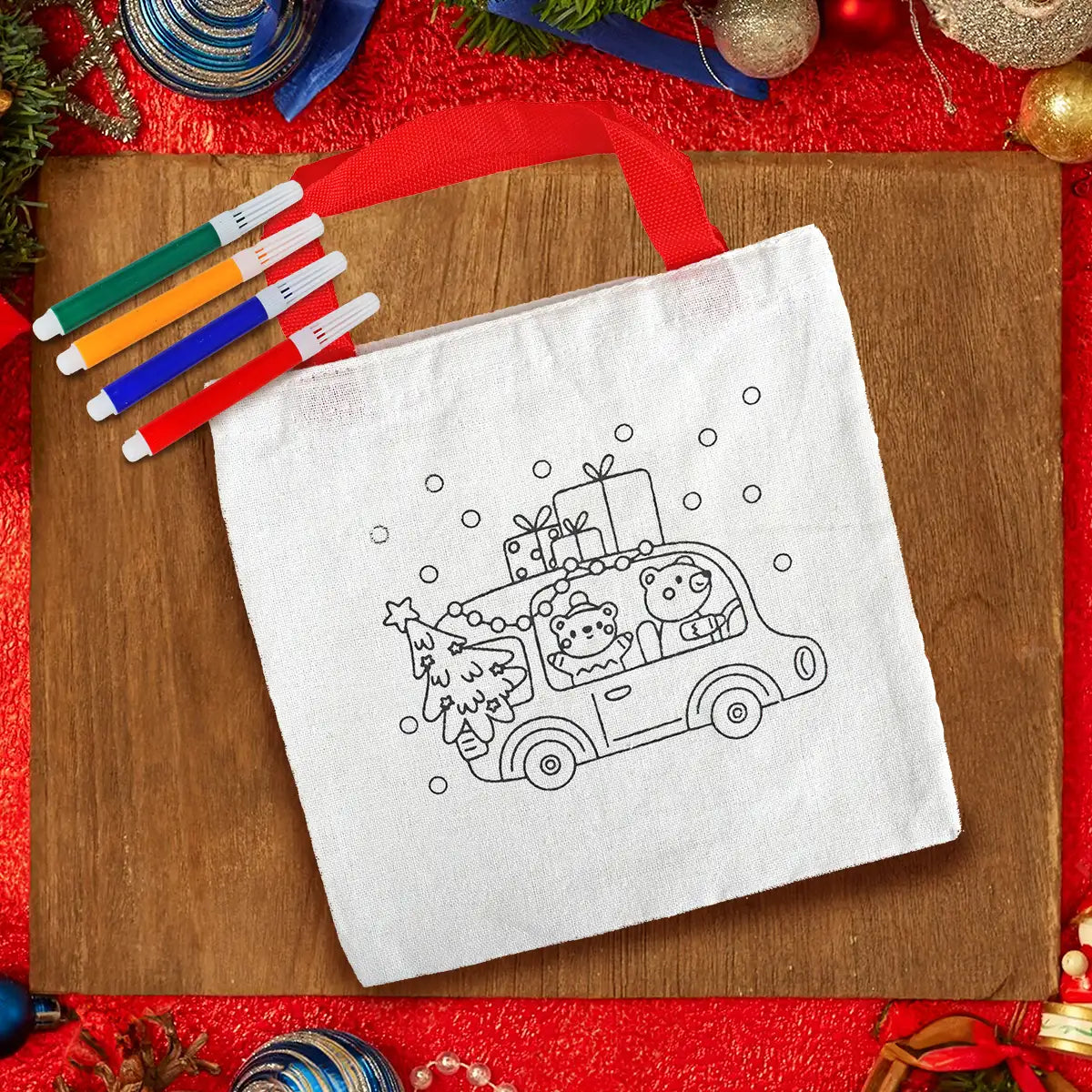 Bolsa de Tela Navideña con Plumones para Pintar, Ositos