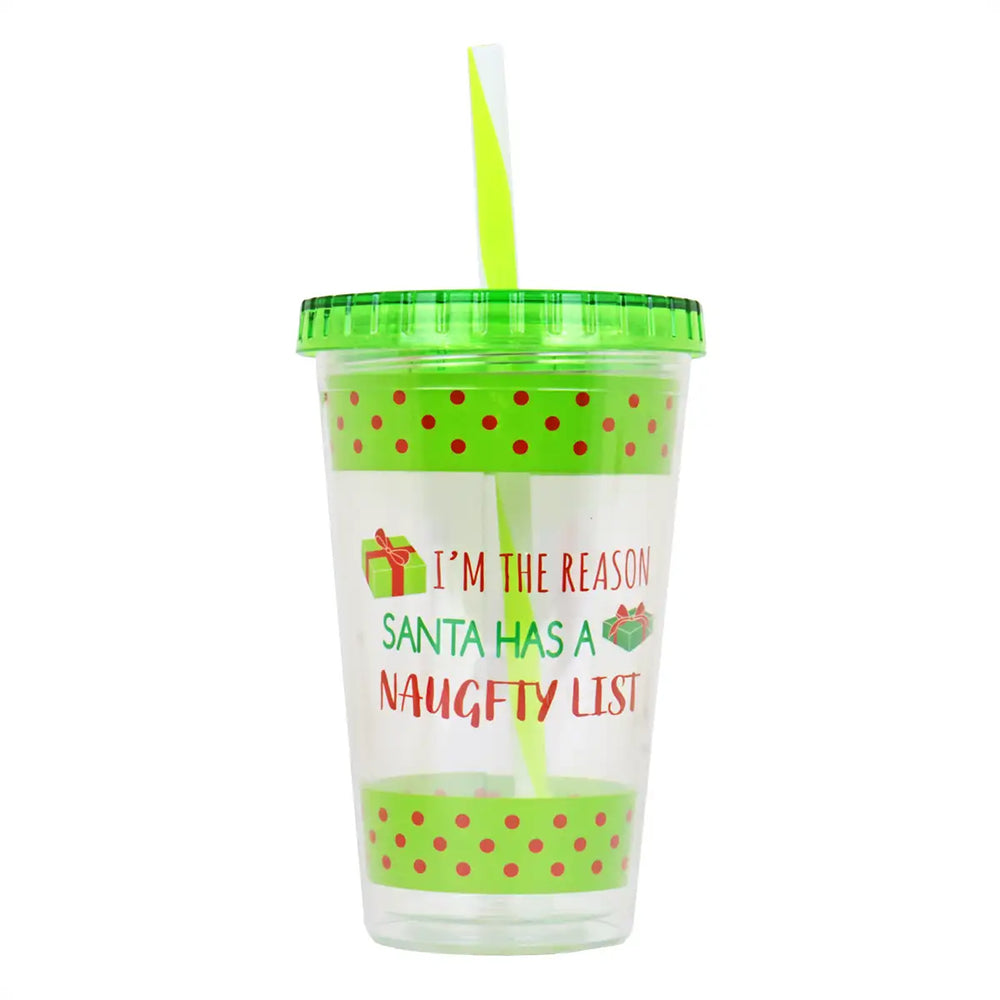 Vaso Navideño con Tapa y Popote, Color Verde