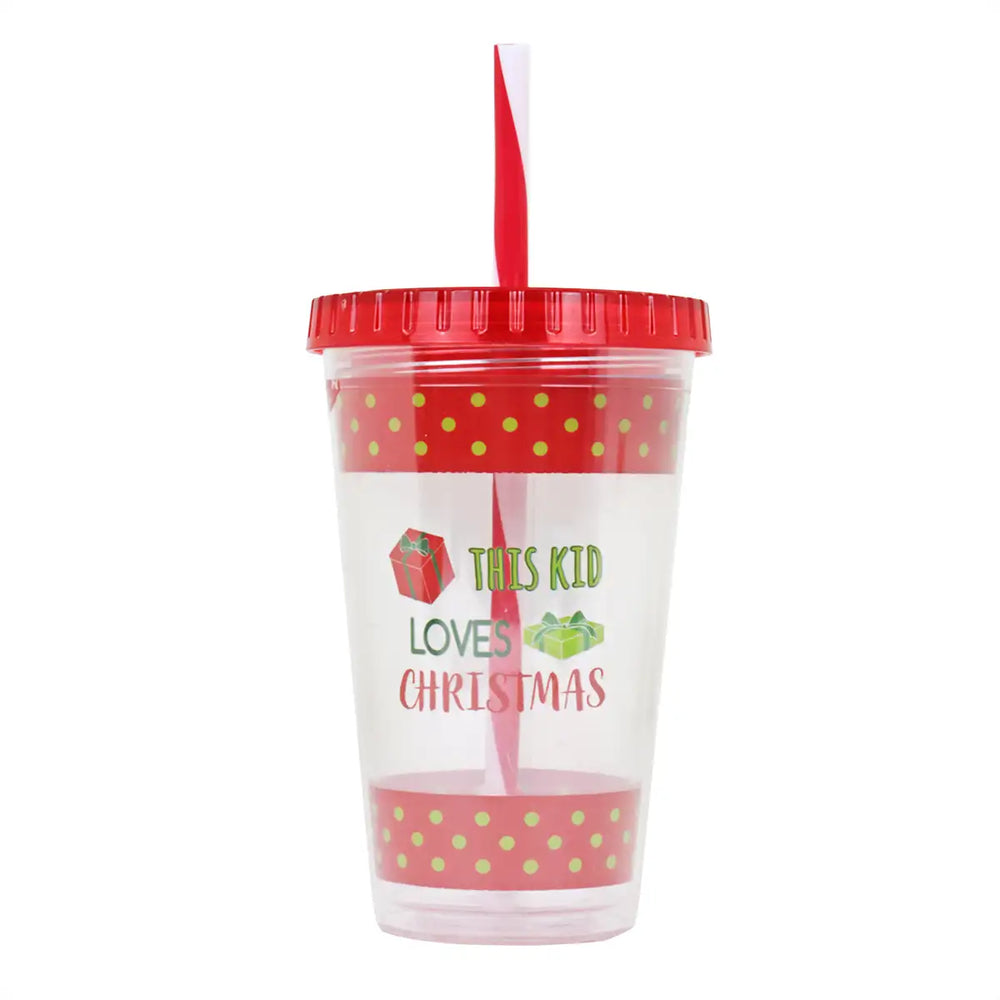 Vaso Navideño con Tapa y Popote, Color Rojo