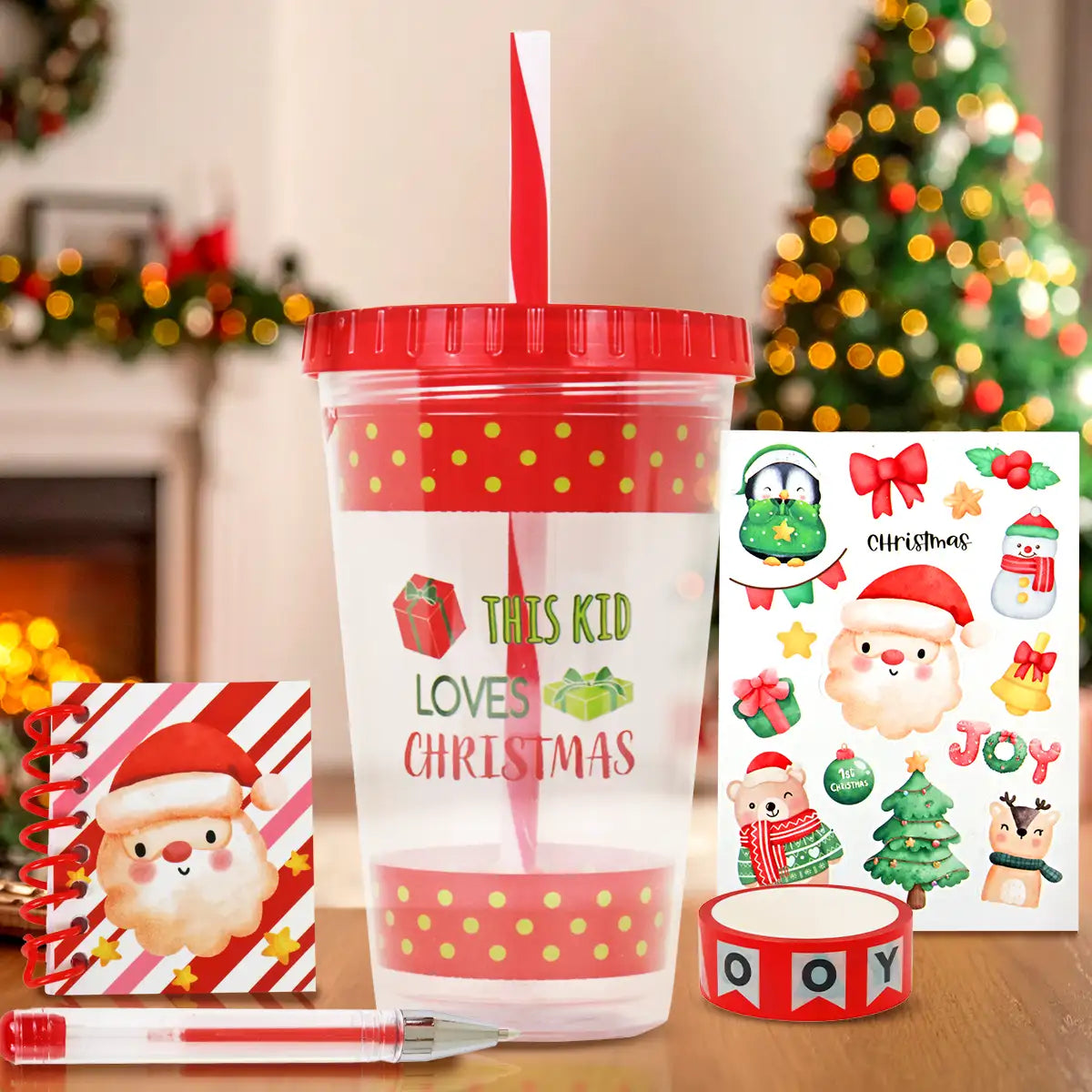 Vaso Navideño con Tapa y Popote, Color Rojo
