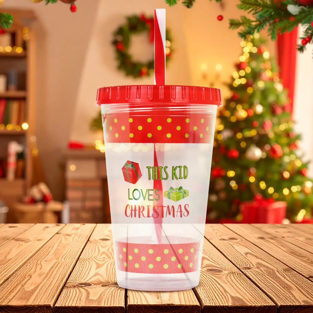 Vaso Navideño con Tapa y Popote, Color Rojo