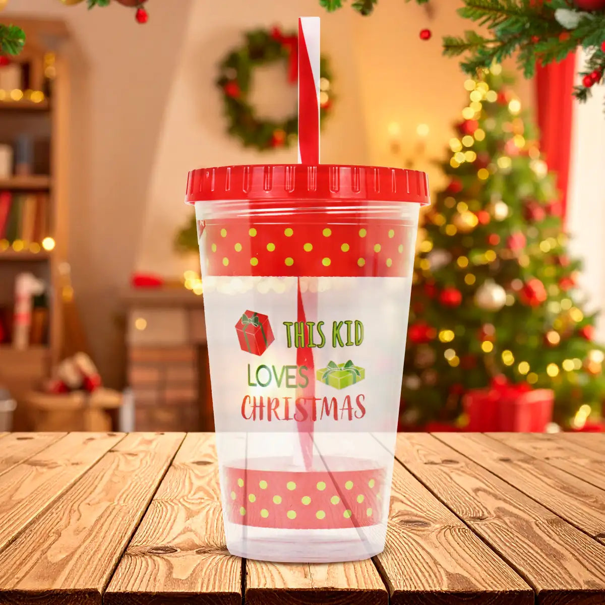 Vaso Navideño con Tapa y Popote, Color Rojo