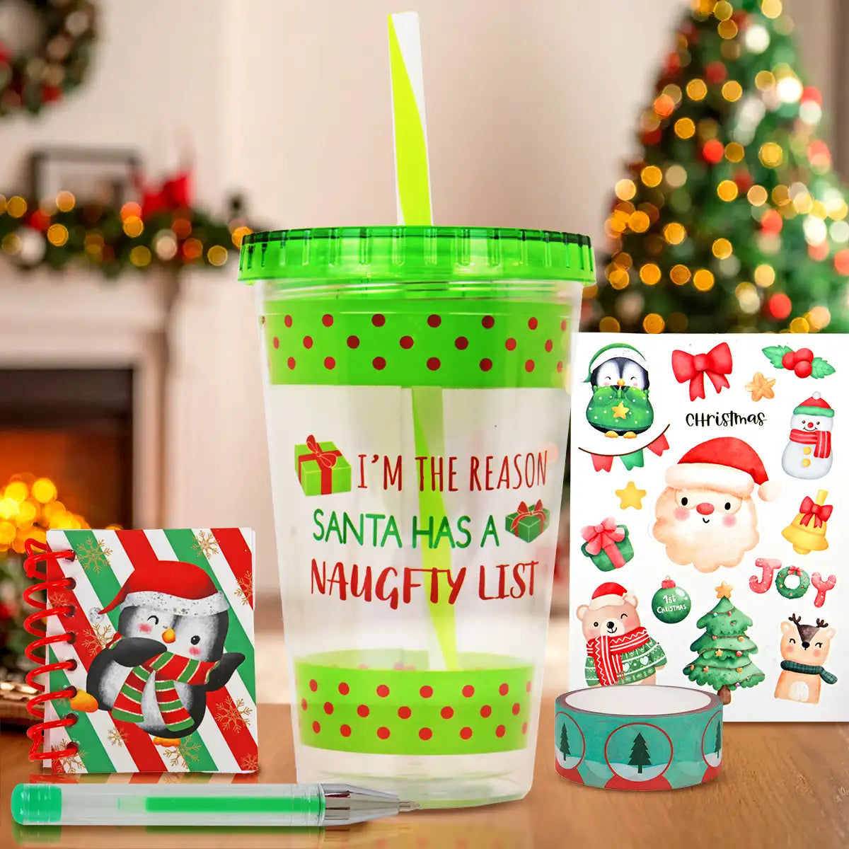 Vaso Navideño con Tapa y Popote, Color Verde