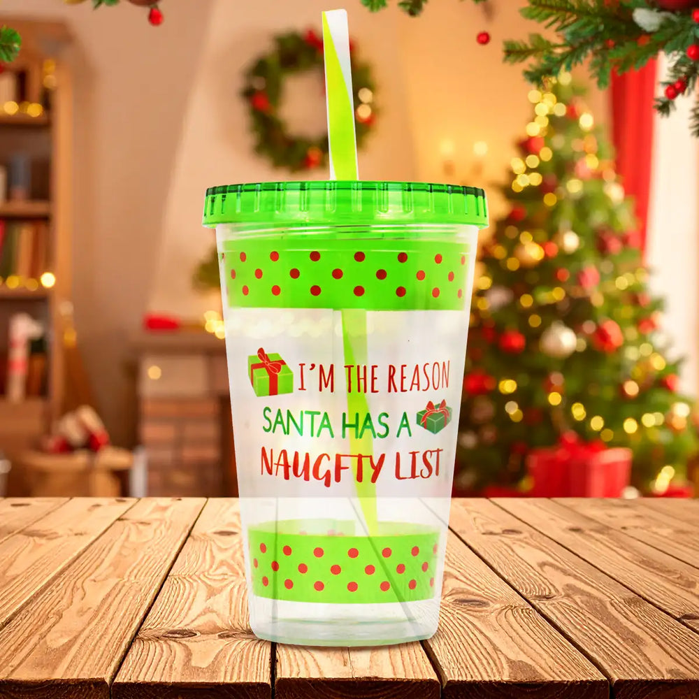 Vaso Navideño con Tapa y Popote, Color Verde