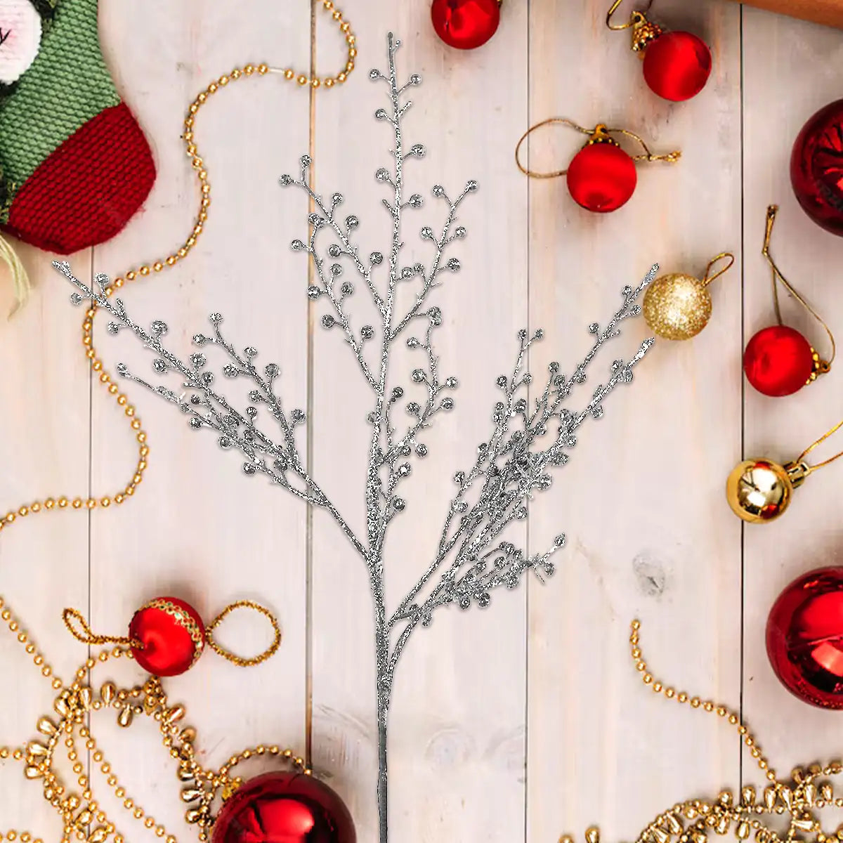 Follaje Navideño, Glitter, Color Plata