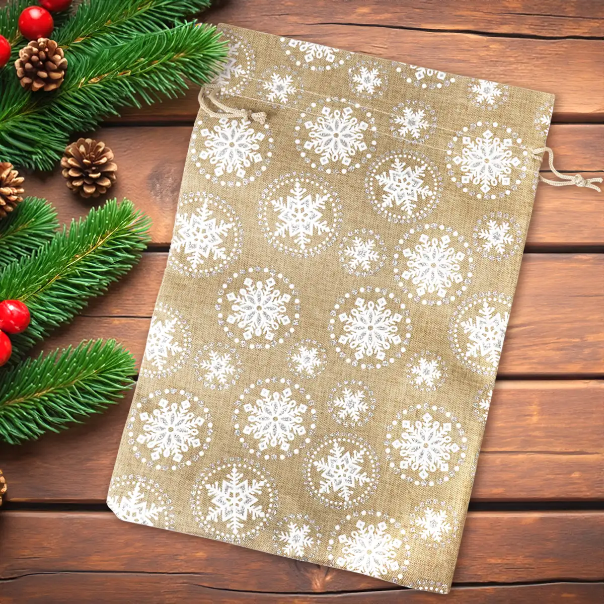 Bolsa de Yute Navideña, Diseño Copos de Nieve