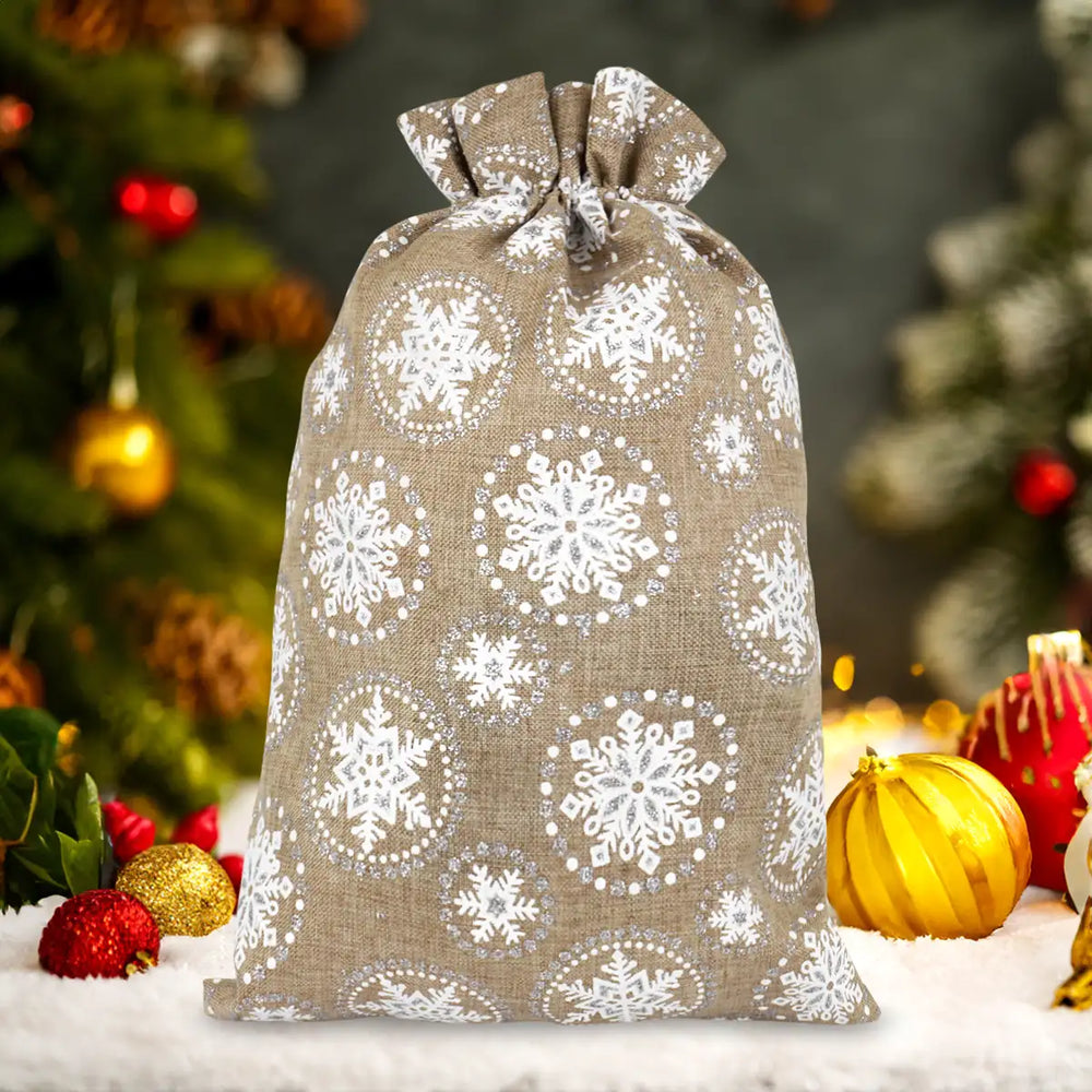 Bolsa de Yute Navideña, Diseño Copos de Nieve