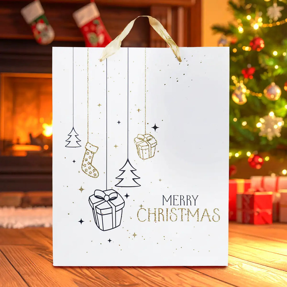 Bolsa de Regalo Navideña "Merry Christmas" Color Blanco