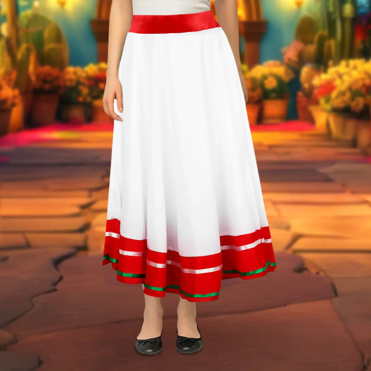 Falda Regional, Color Blanco y Rojo, Fiestas Patrias, Talla Grande