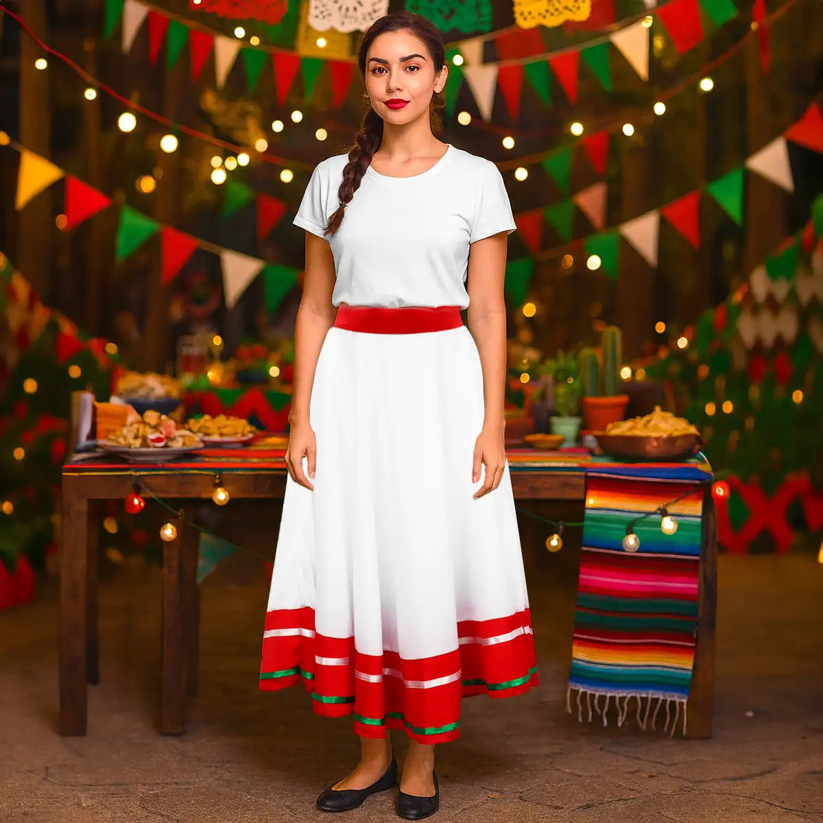 Falda Regional, Color Blanco y Rojo, Fiestas Patrias, Talla Grande