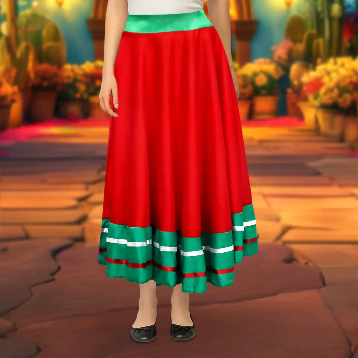 Falda Regional, Color Rojo y Verde, Fiestas Patrias, Talla Mediana