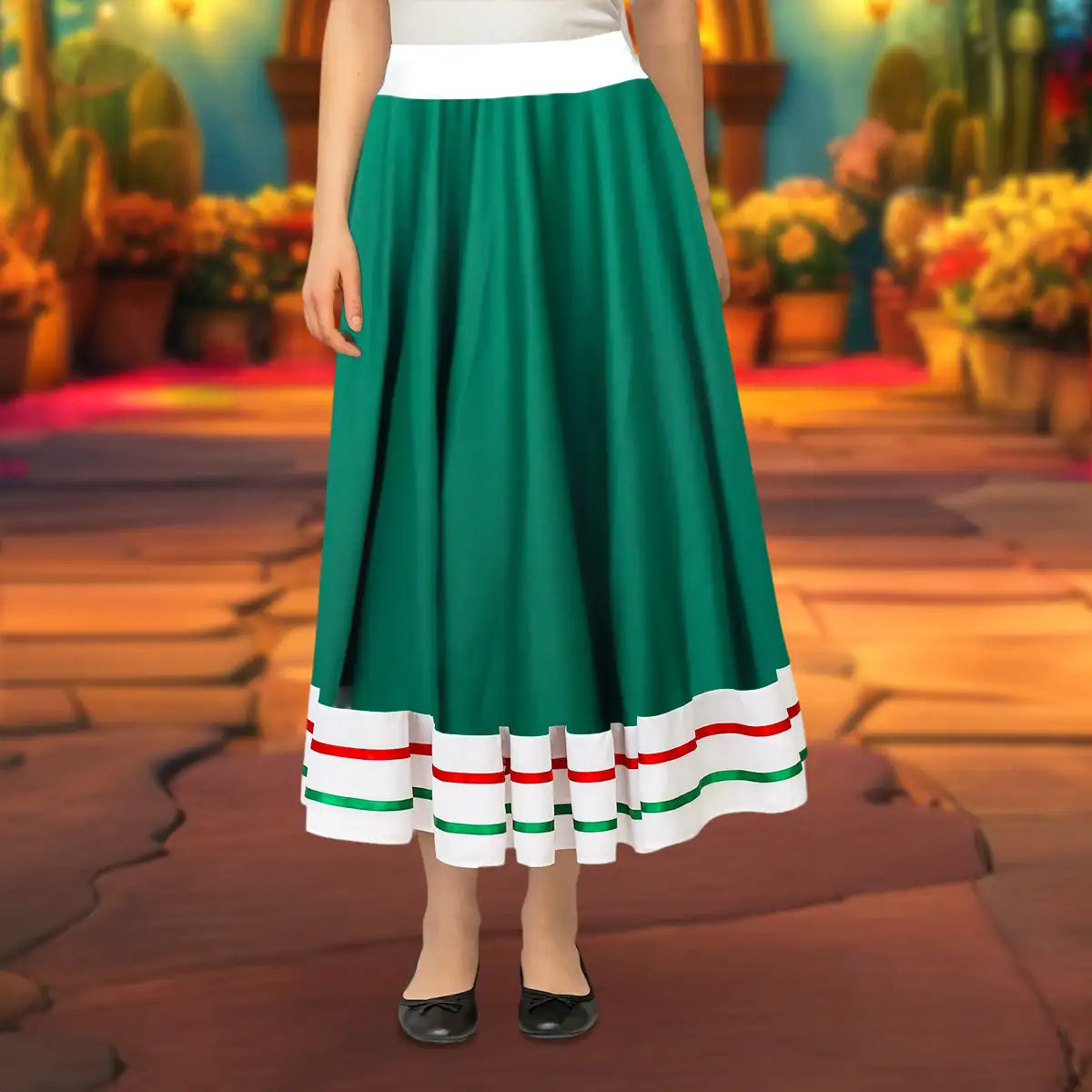 Falda Regional, Color Verde, Fiestas Patrias, Talla Mediana