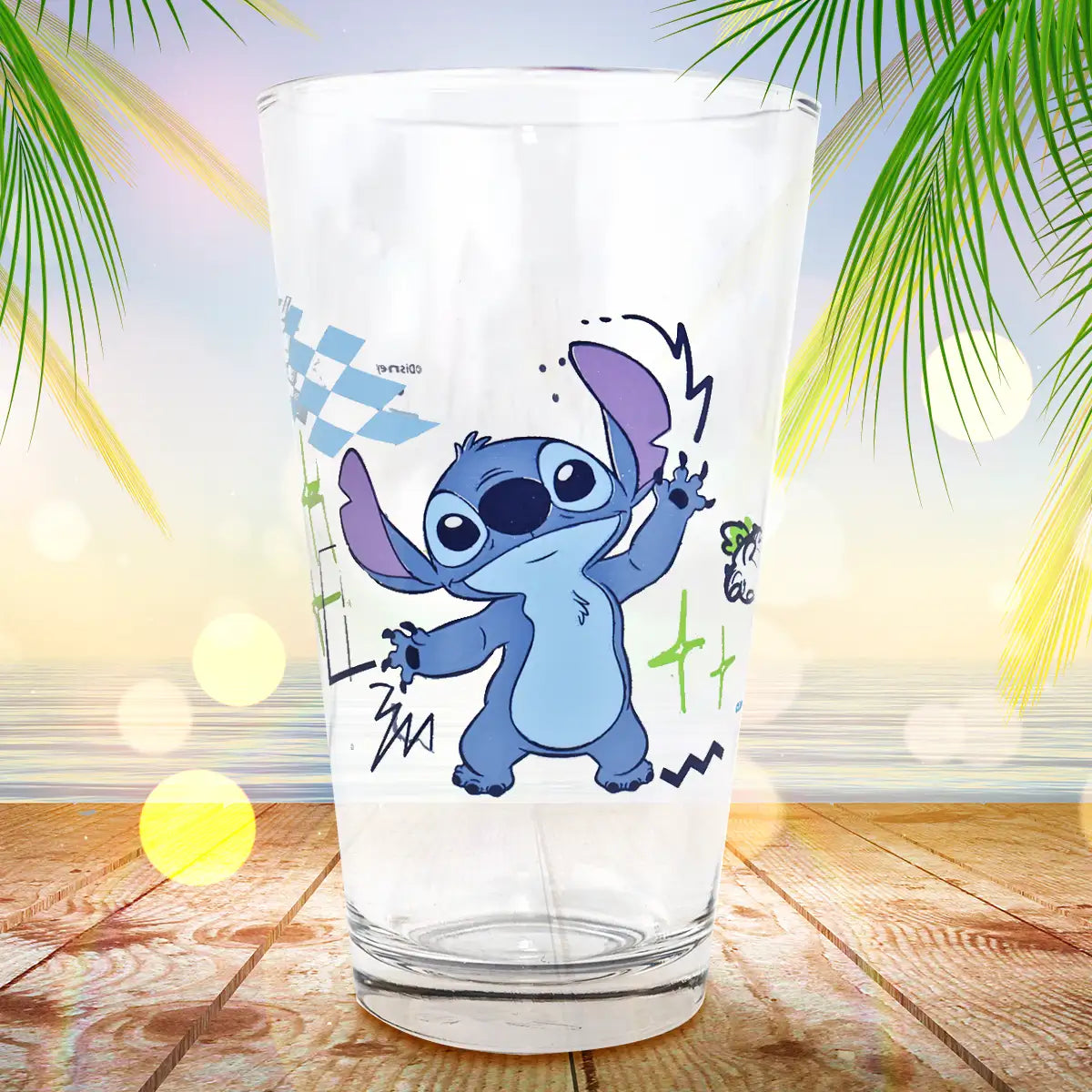 Stitch, Diseño Mar, Vaso Cristal, 414 ml