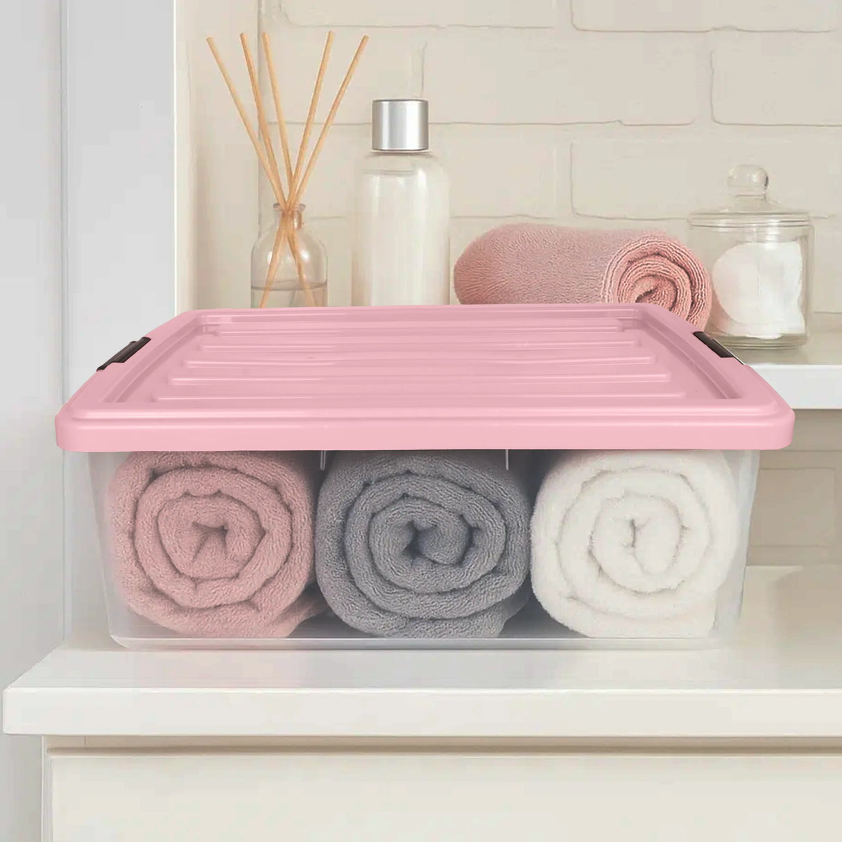 Caja Multiusos de Plástico con Tapa, Color Rosa Claro, 32 L