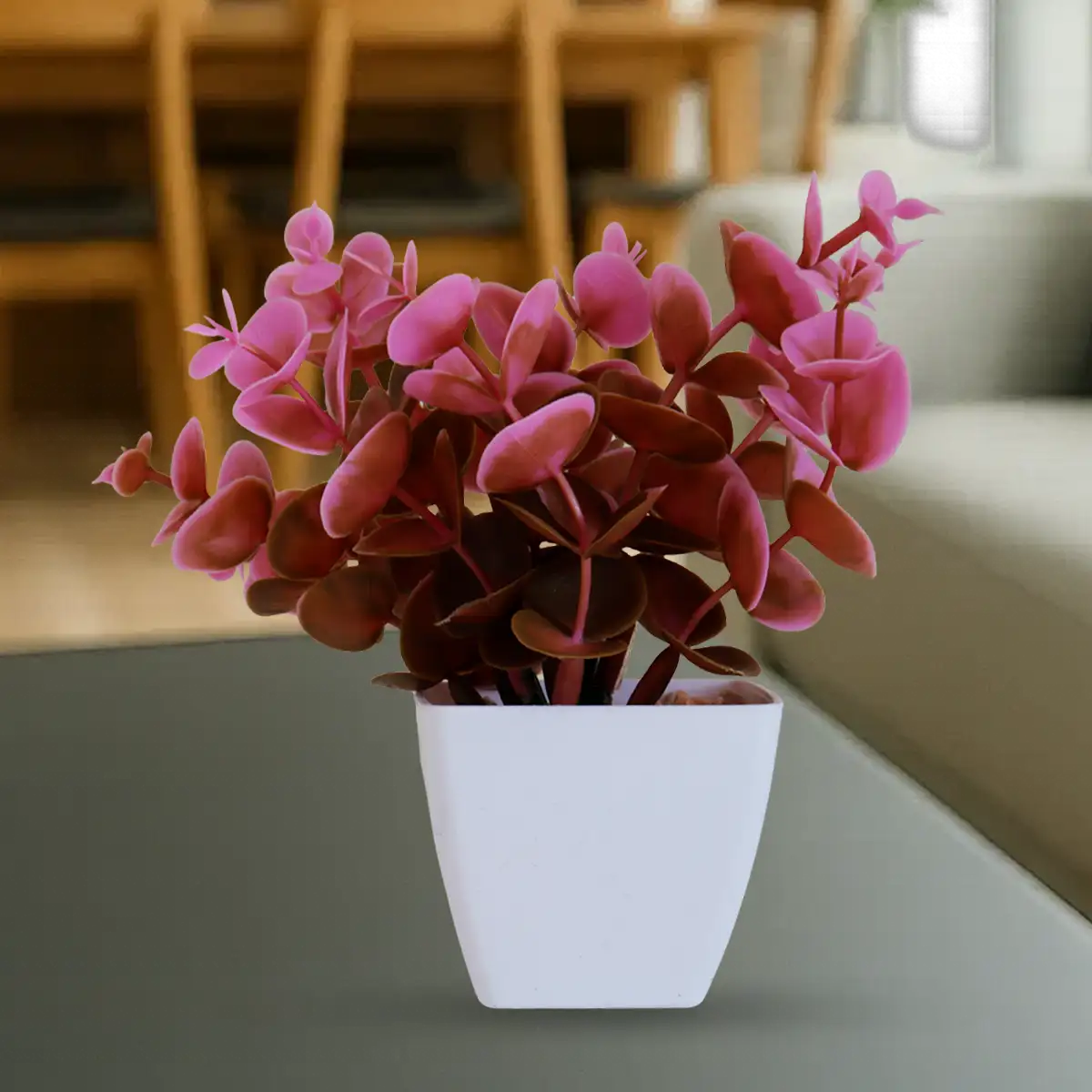 Maceta Color Blanco con Flor Artificial Rosa