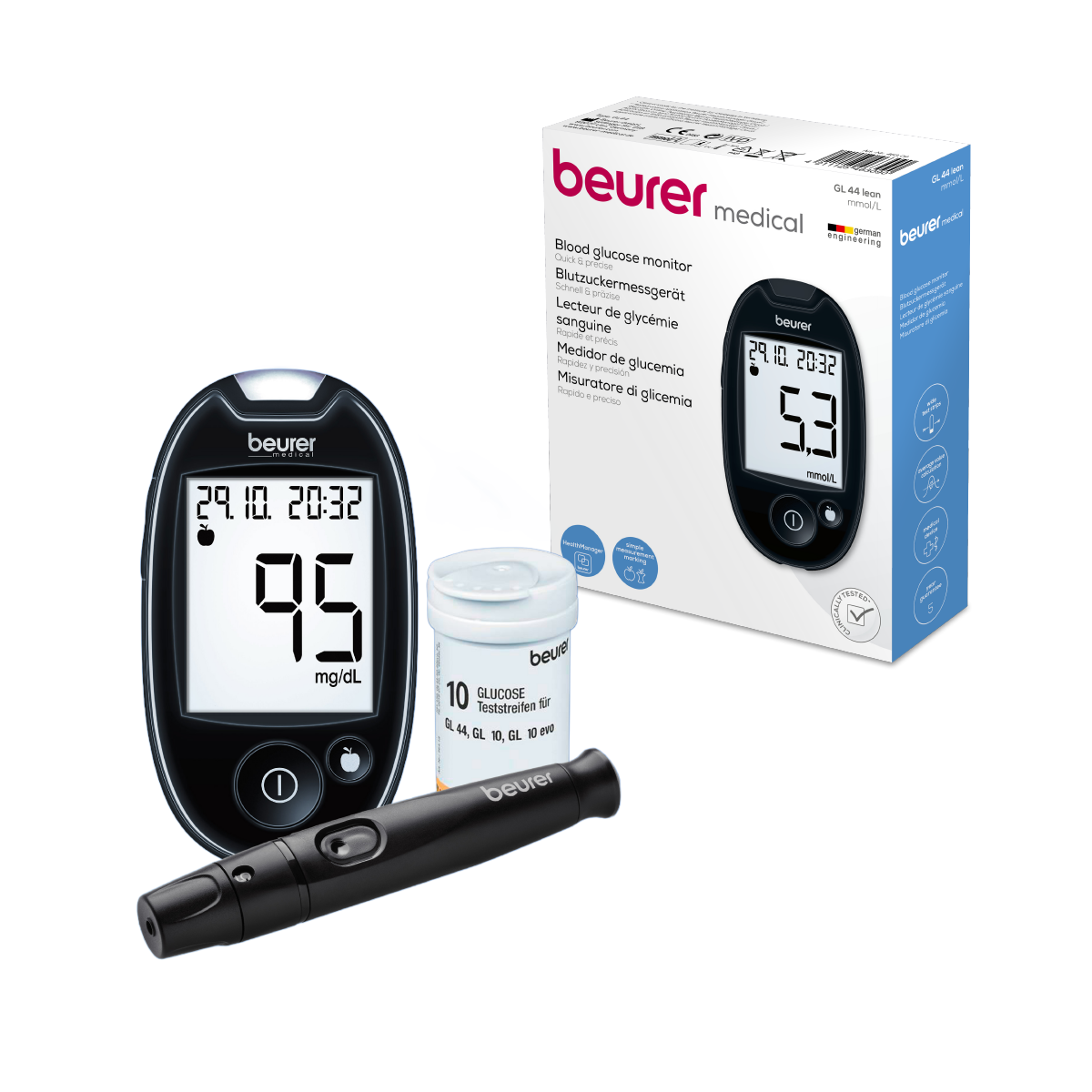 Báscula Diagnóstica de Vidrio, Calcula IMC + Glucómetro Digital con Disparador de Lancetas GL44 / BG13 + GL44 Marca Beurer®