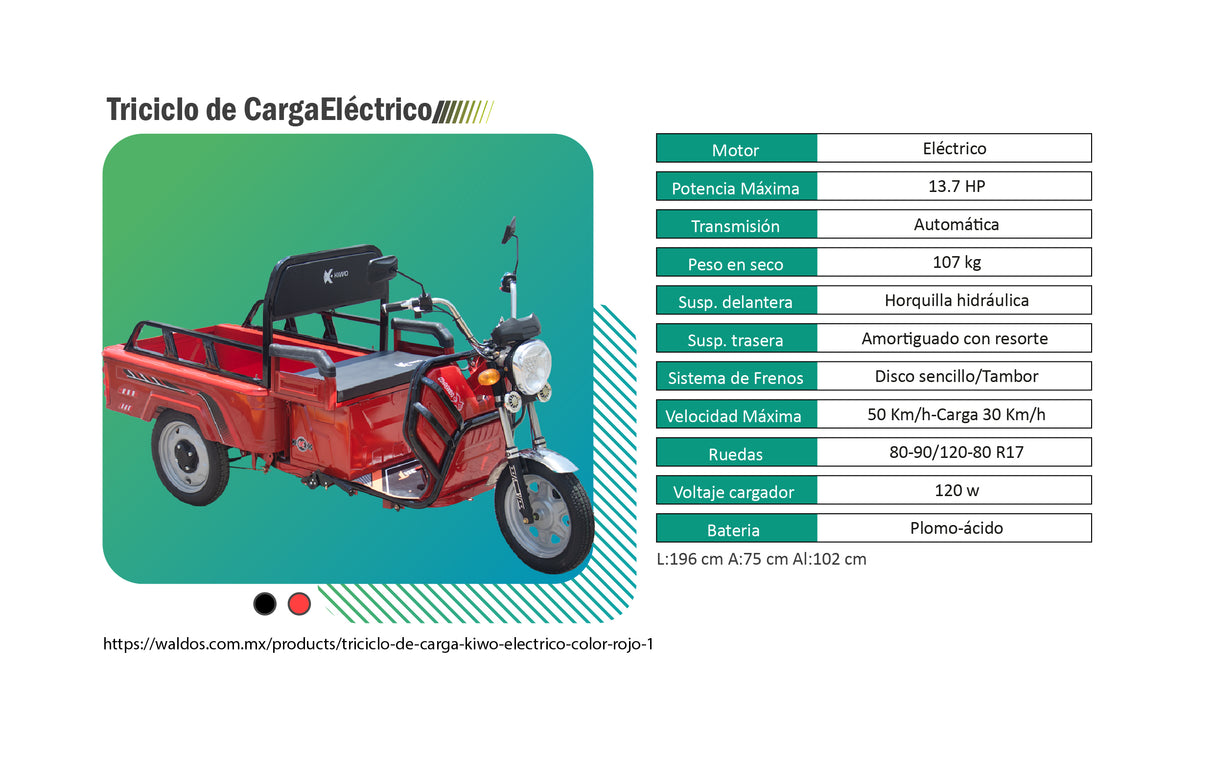 Triciclo de Carga Eléctrico Kiwo, Color Rojo