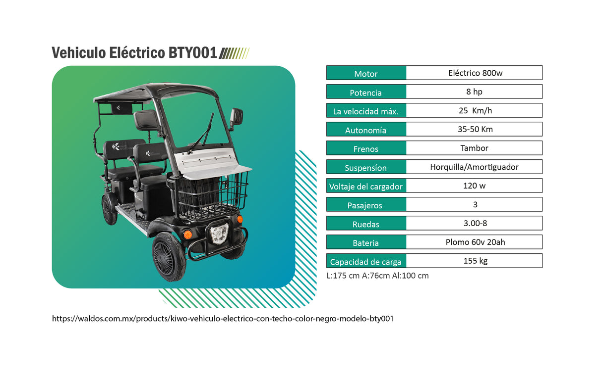 Kiwo, Vehículo Eléctrico con Techo, Modelo BTY001, Color Negro