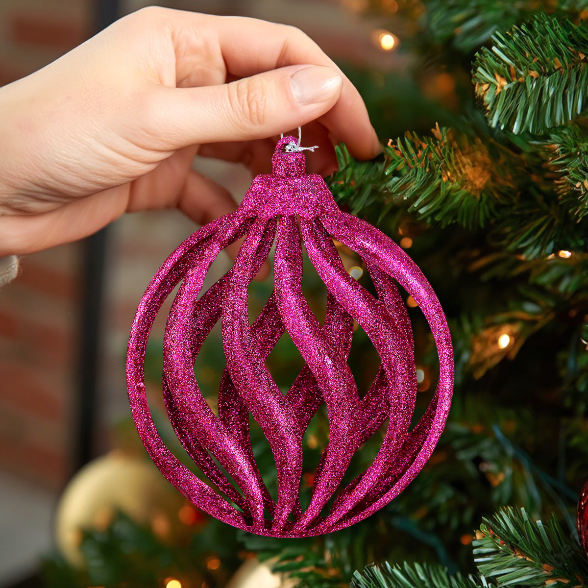 Esfera Navideña, Glitter, Color Fucsia, 17 cm