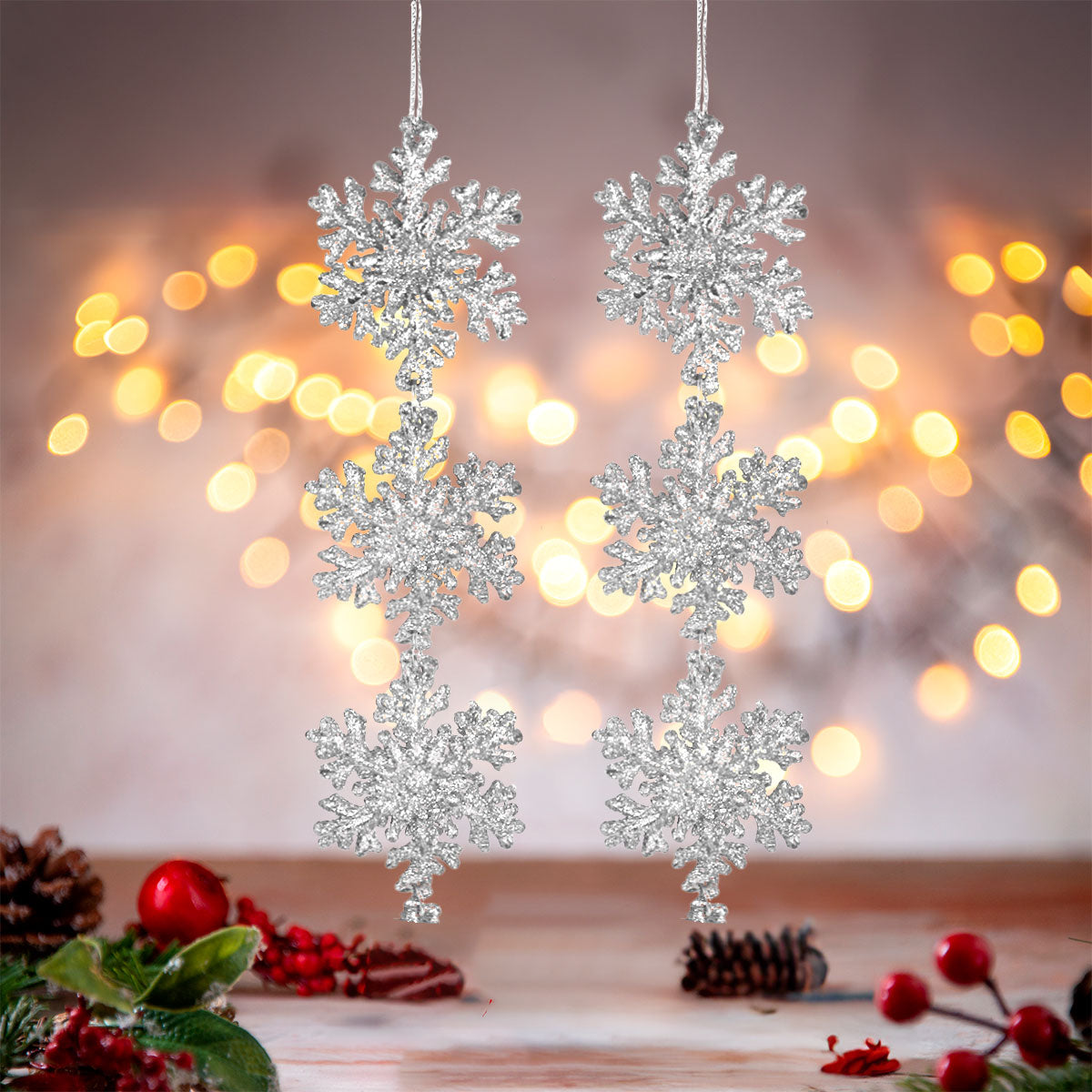 Copo de Nieve, Ornamento Colgante, Color Plata, 2 pzas