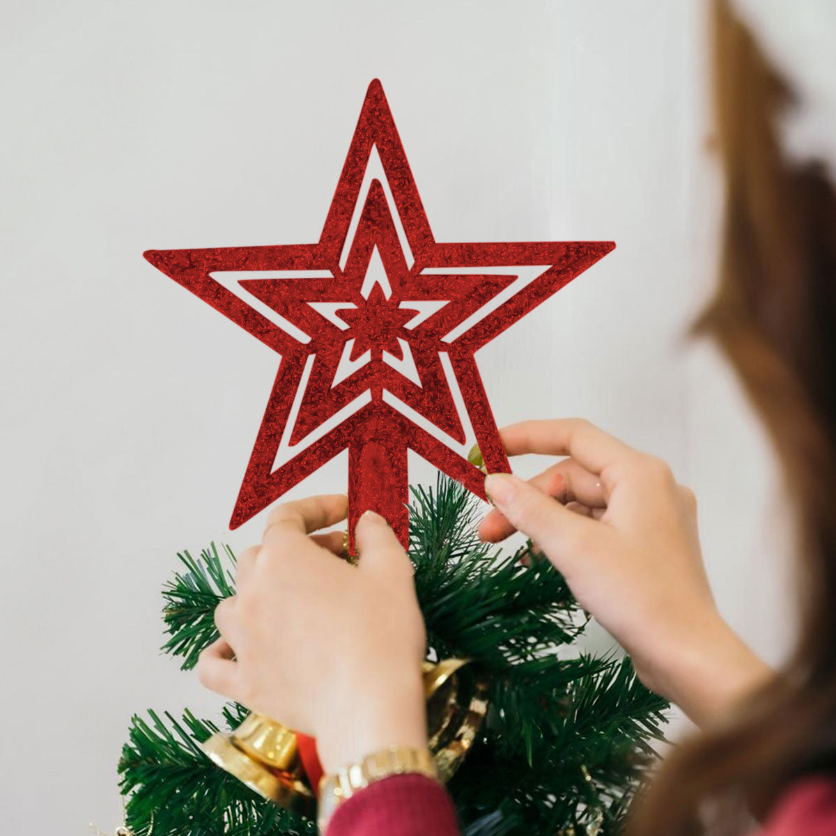 Mini Estrella Brillante, Punta de Árbol, Color Rojo