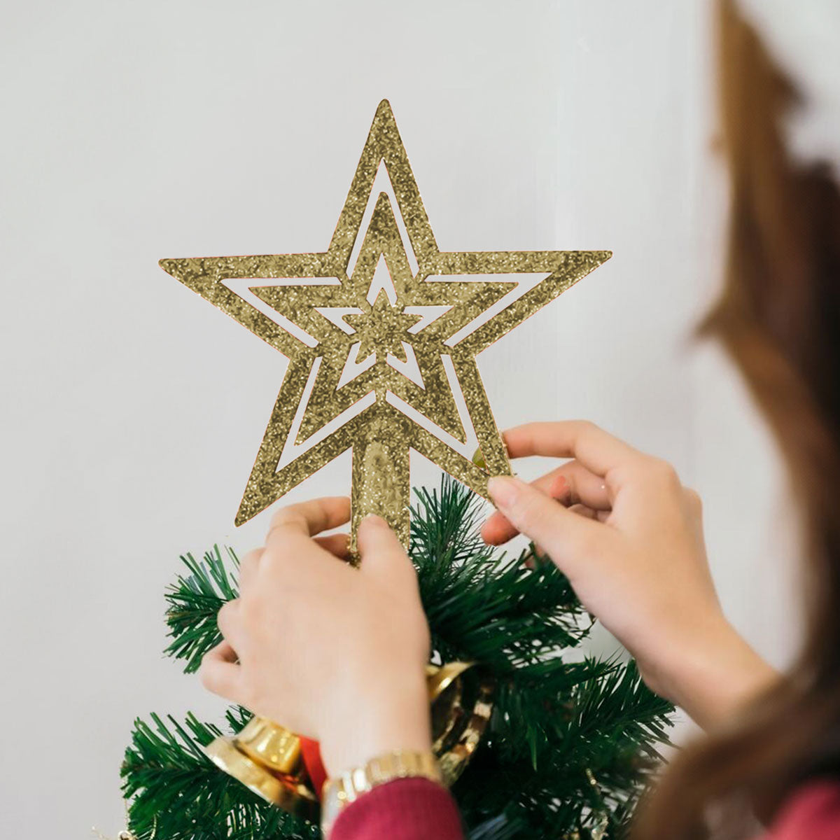 Mini Estrella Brillante, Punta de Árbol, Color Oro