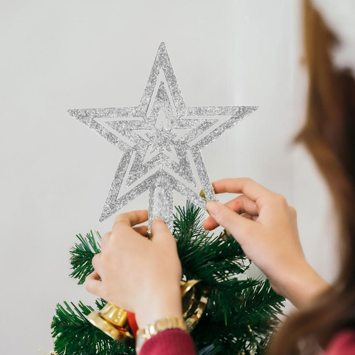 Mini Estrella Brillante, Punta de Árbol, Color Plata