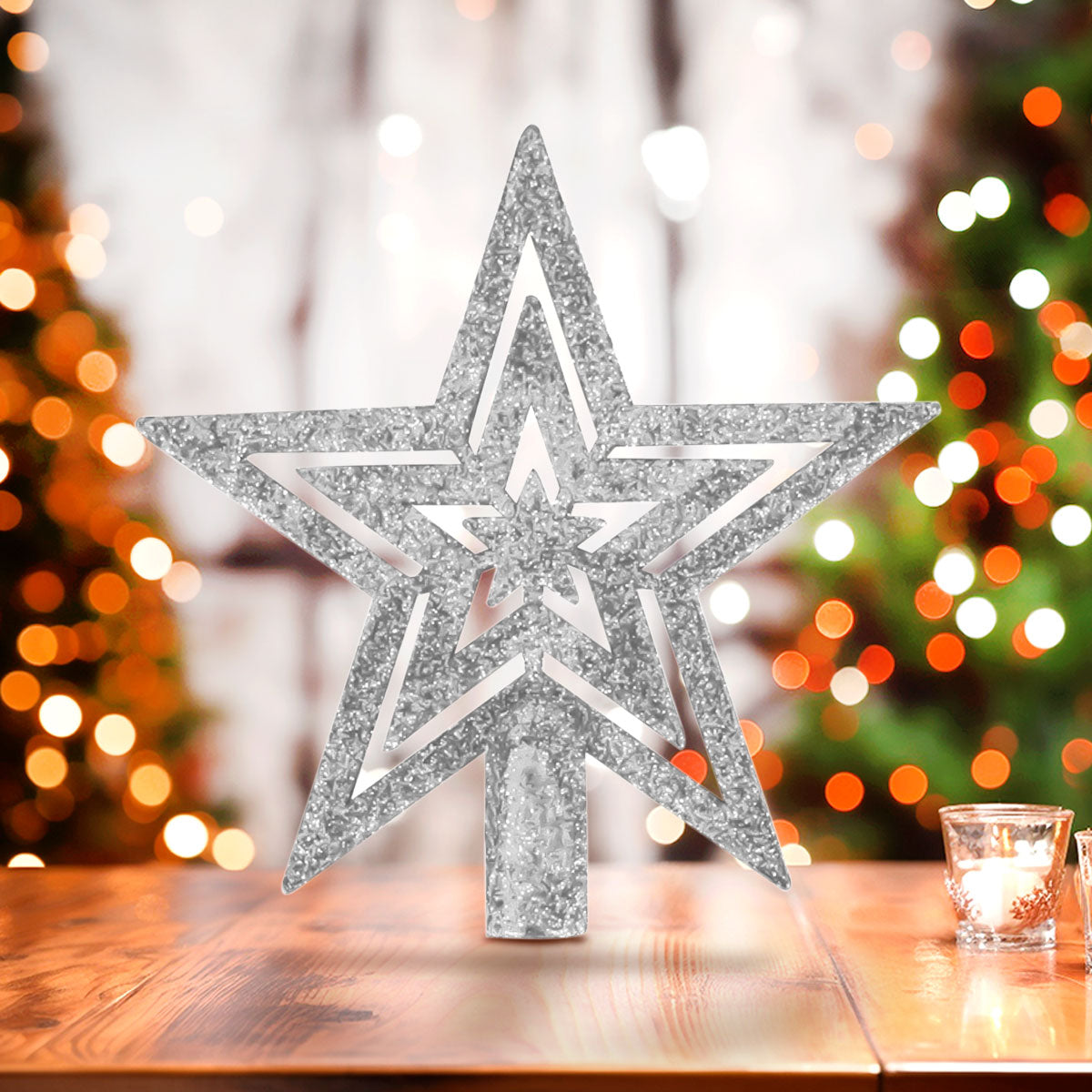 Mini Estrella Brillante, Punta de Árbol, Color Plata