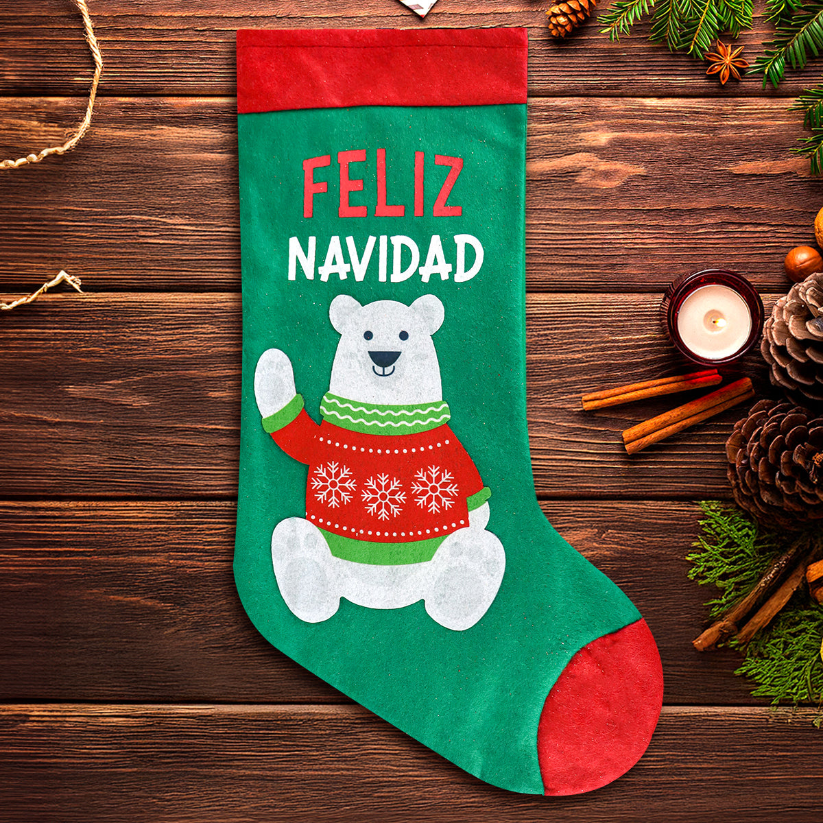 Bota Navideña, Oso con Suéter, 40 cm