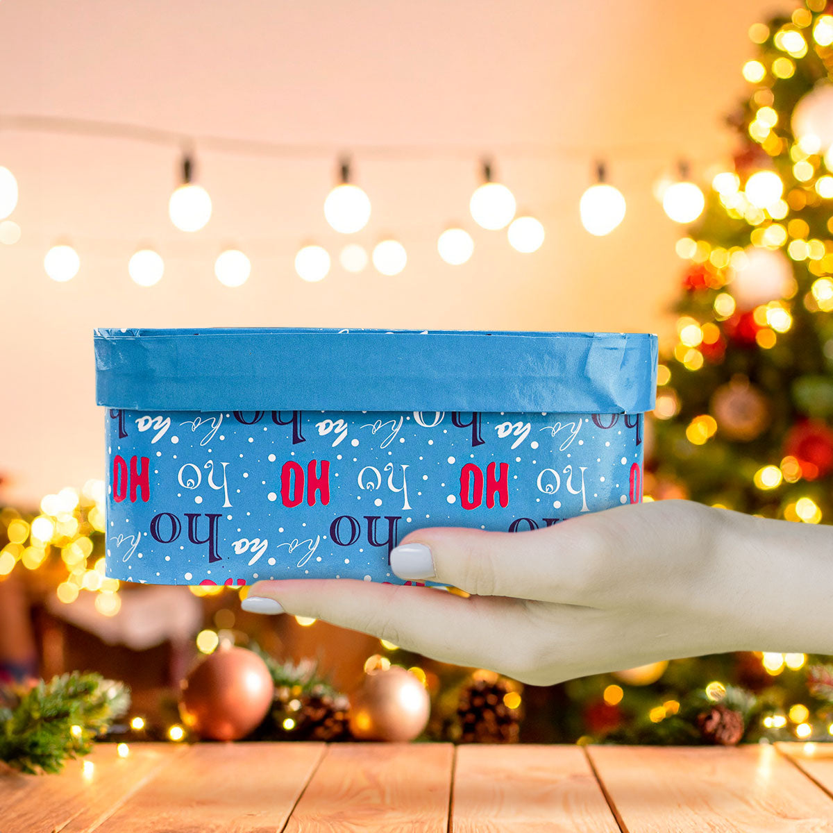 Caja Cuadrada Multiusos Navideña con Ventana, Color Azul