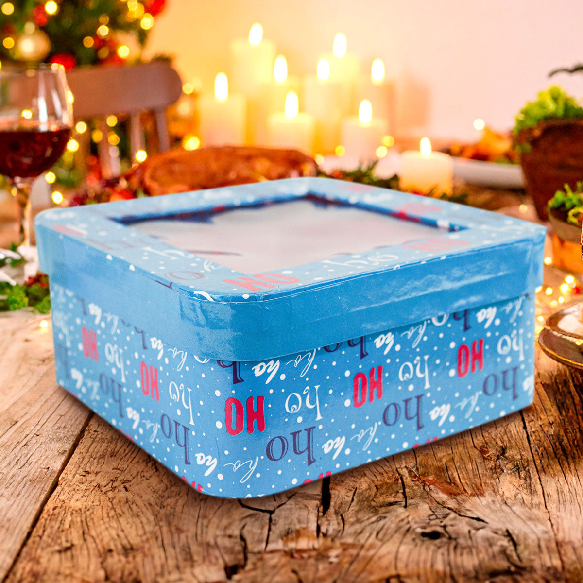 Caja Cuadrada Multiusos Navideña con Ventana, Color Azul