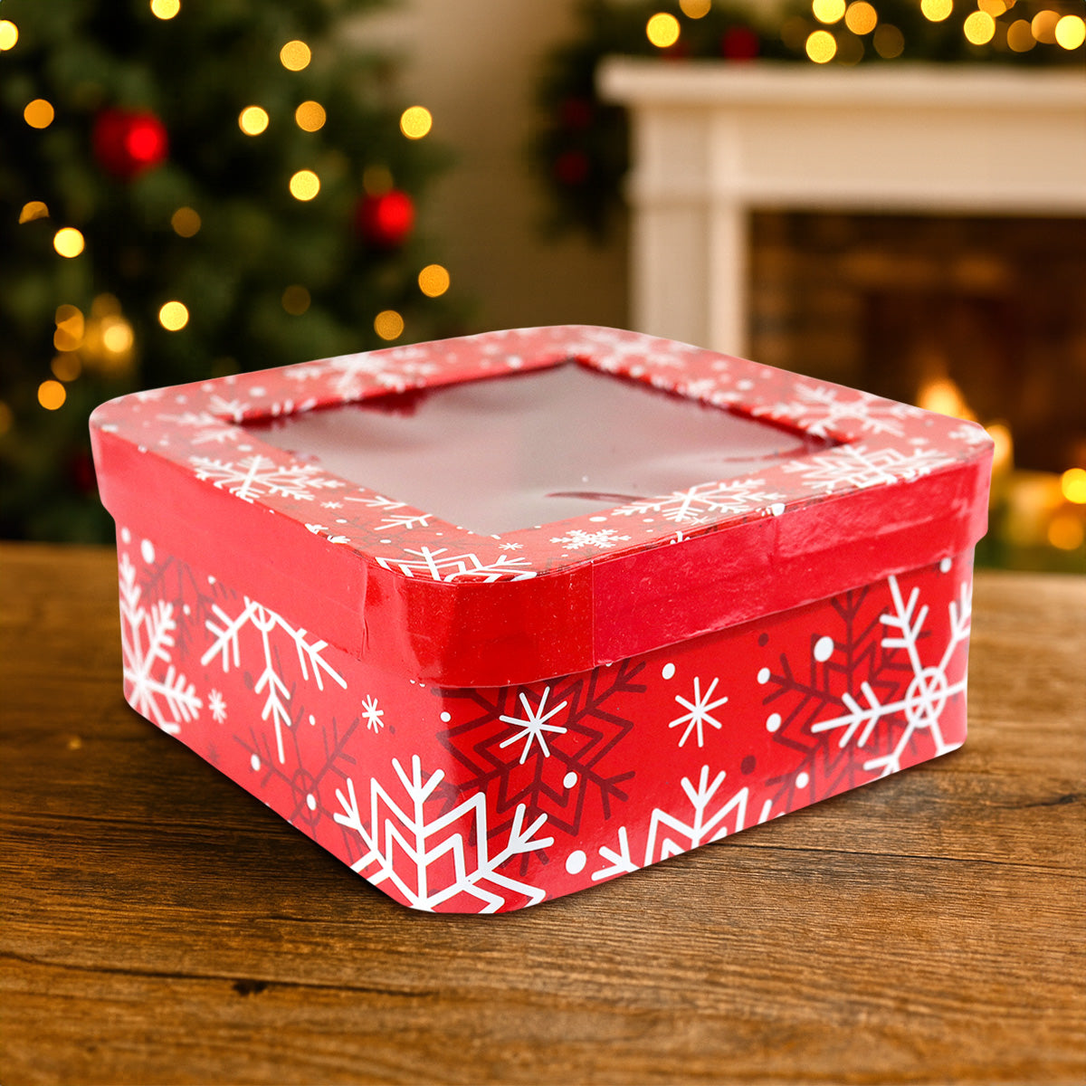 Caja Cuadrada Multiusos Navideña con Ventana, Color Rojo